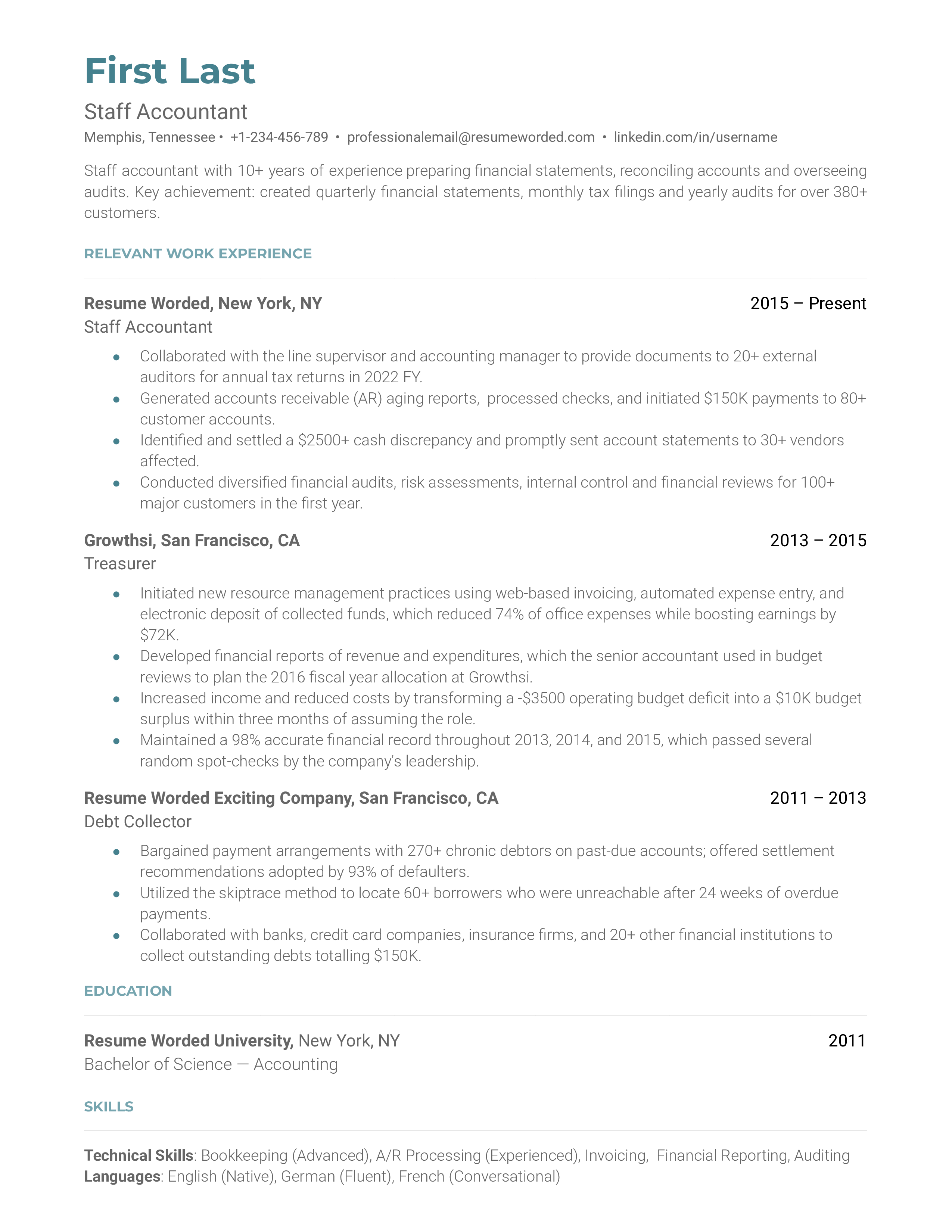 Staff Accountant Resume Example for 2023 Resume Worded