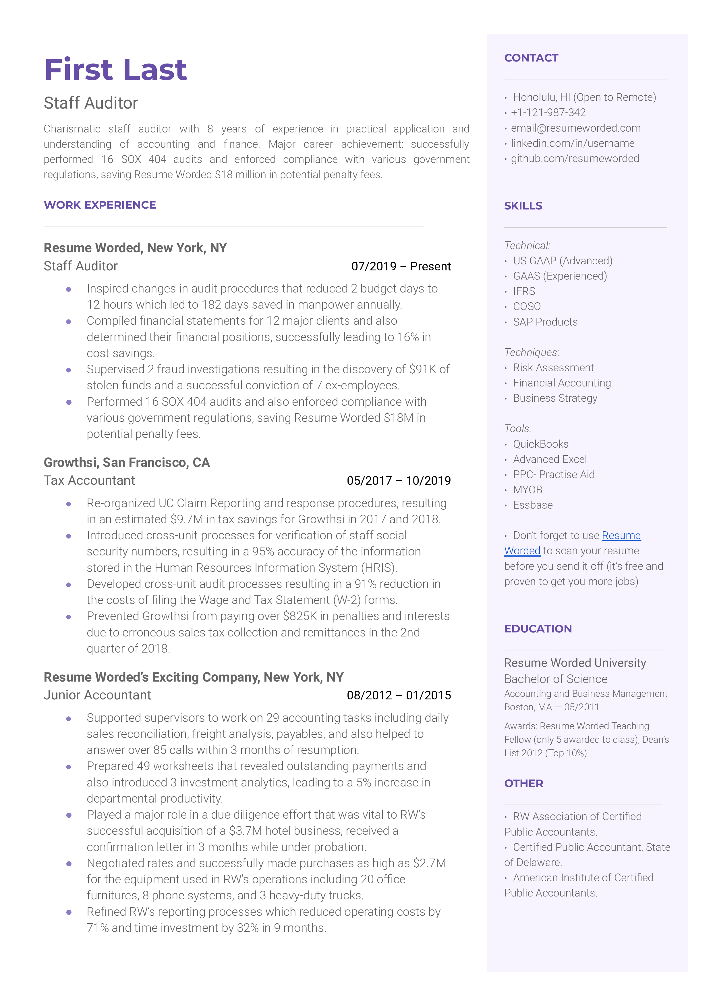 Staff Auditor Resume Template + Example