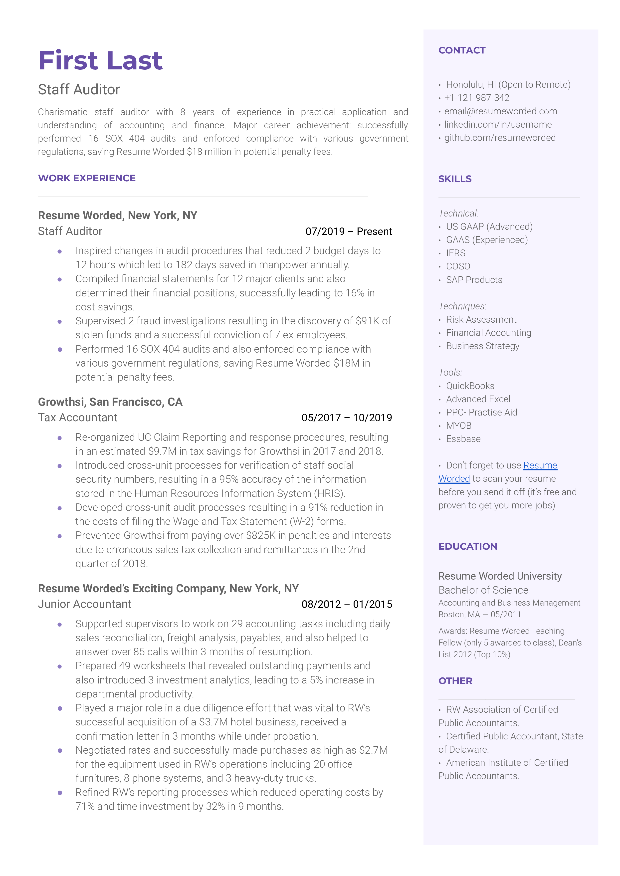 Staff Auditor Resume Sample