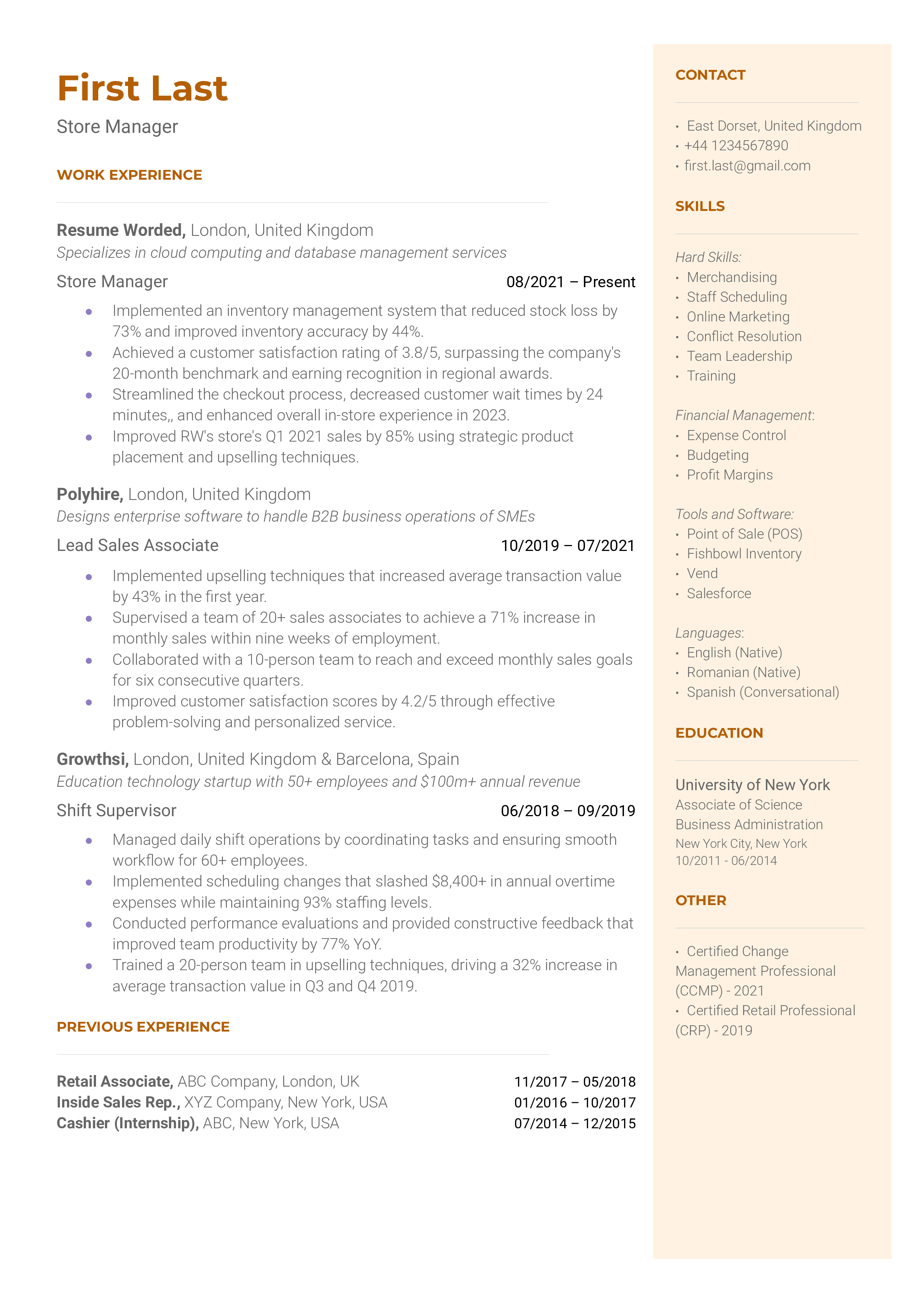 Store Manager Resume Sample