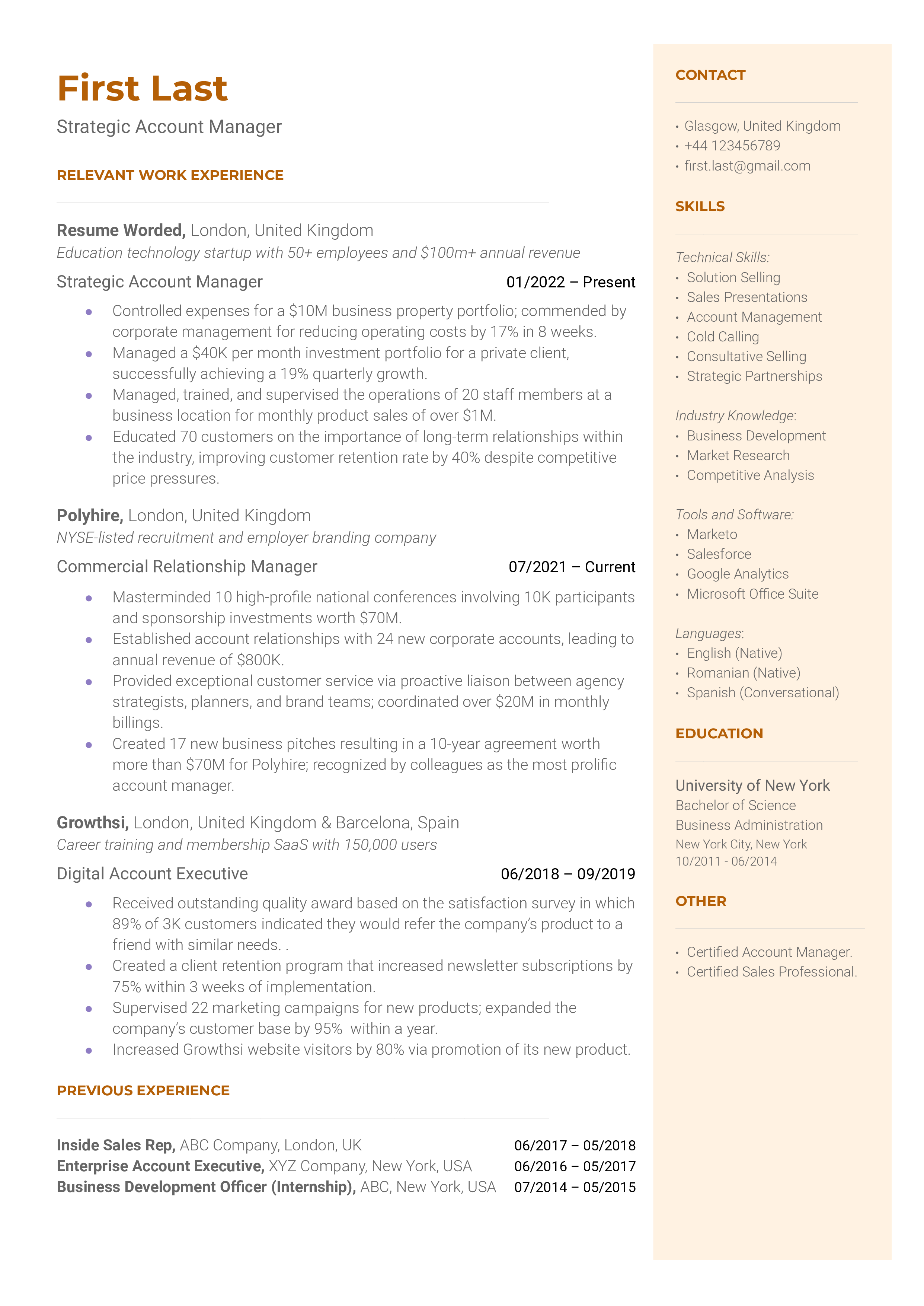 A strategic account manager that highlights the applicant’s sales-related certifications and impressive experience.