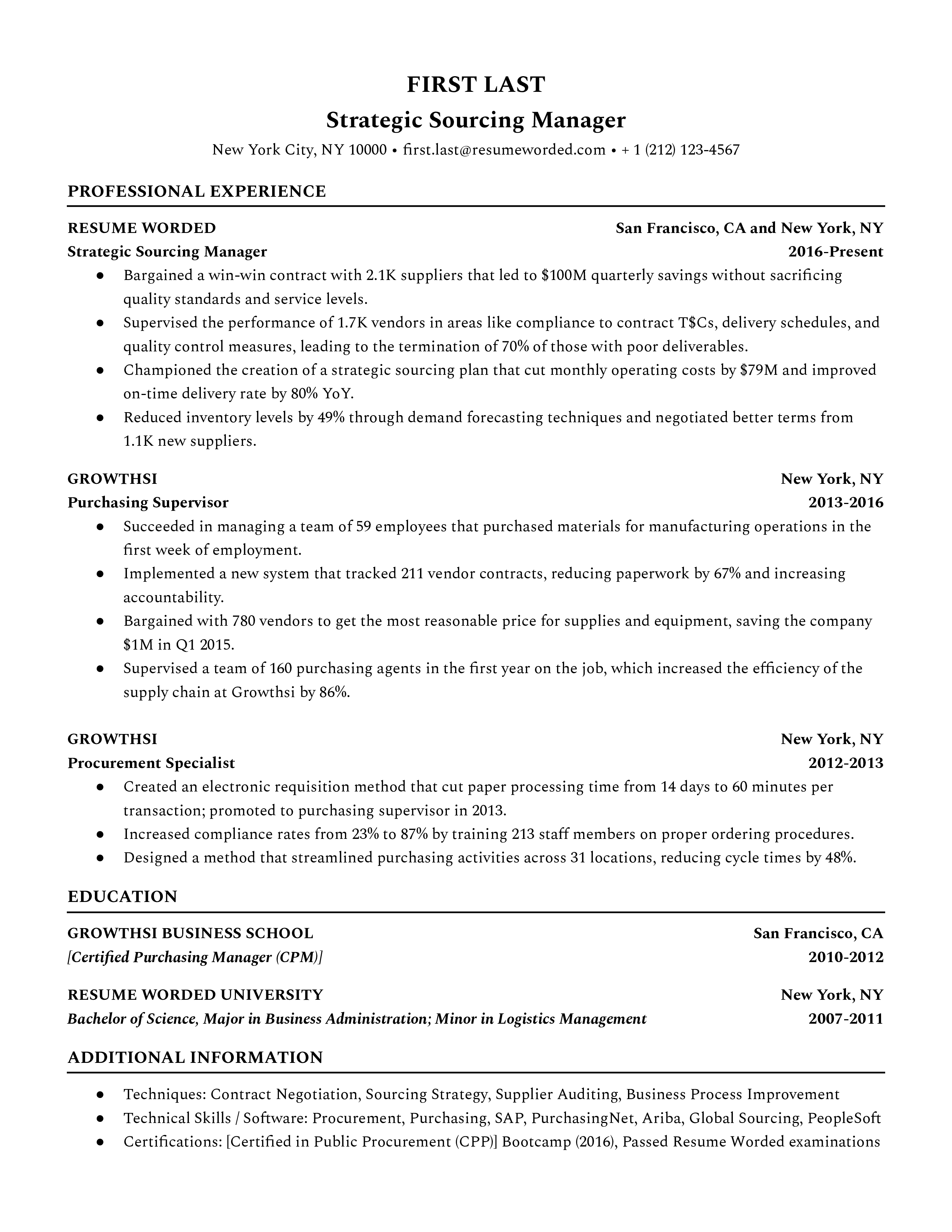 A strategic sourcing manager resume template that highlights professional experience