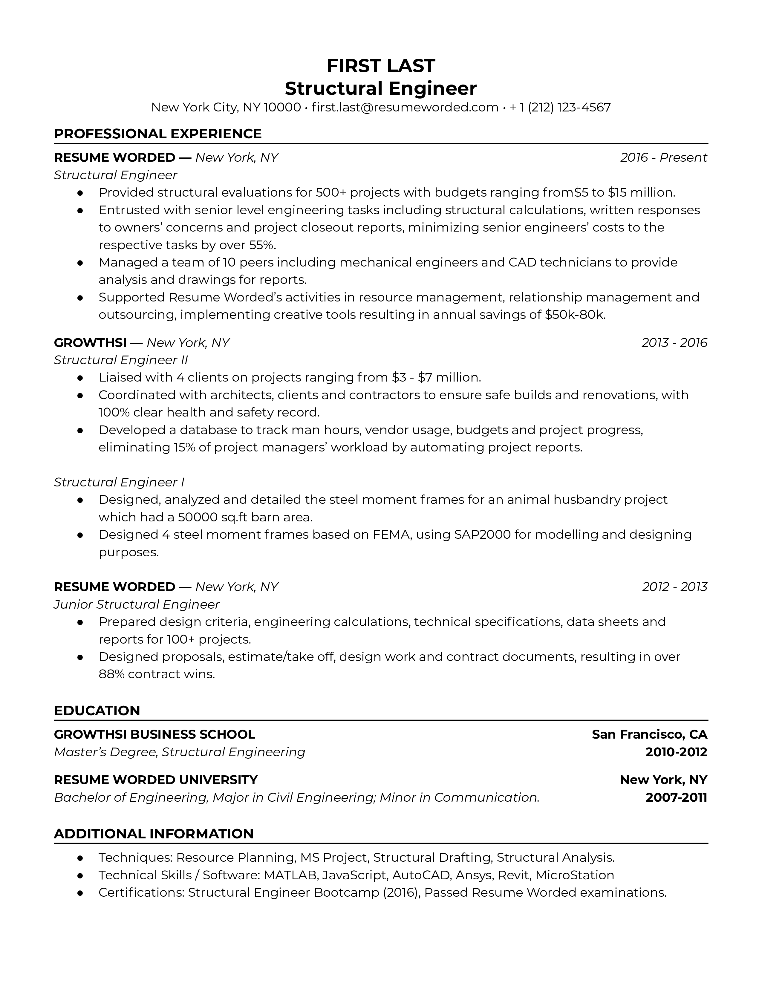 A CV for Structural Engineers showcasing project portfolios and software proficiencies.