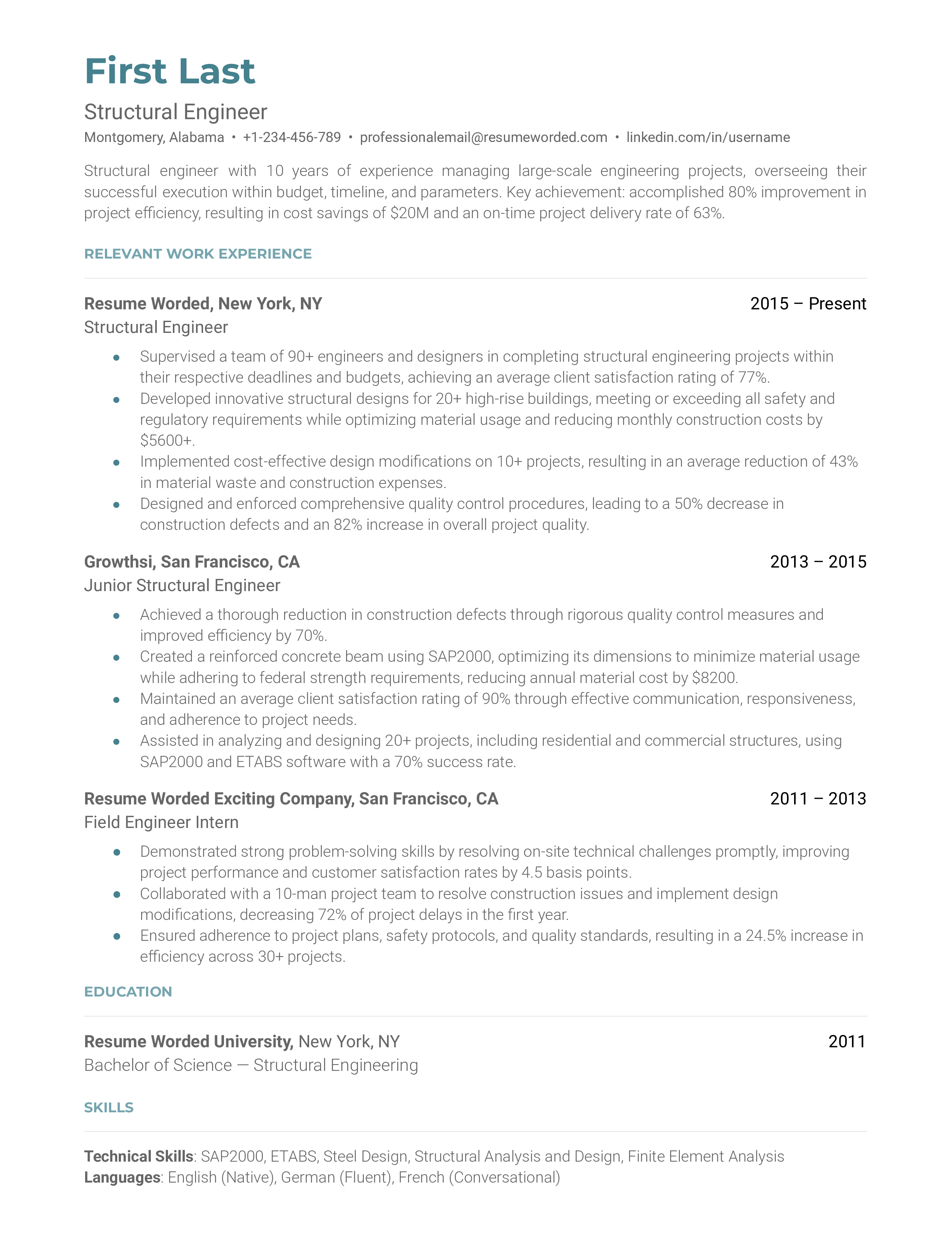 Structural Engineer resume highlighting certifications and complex projects.