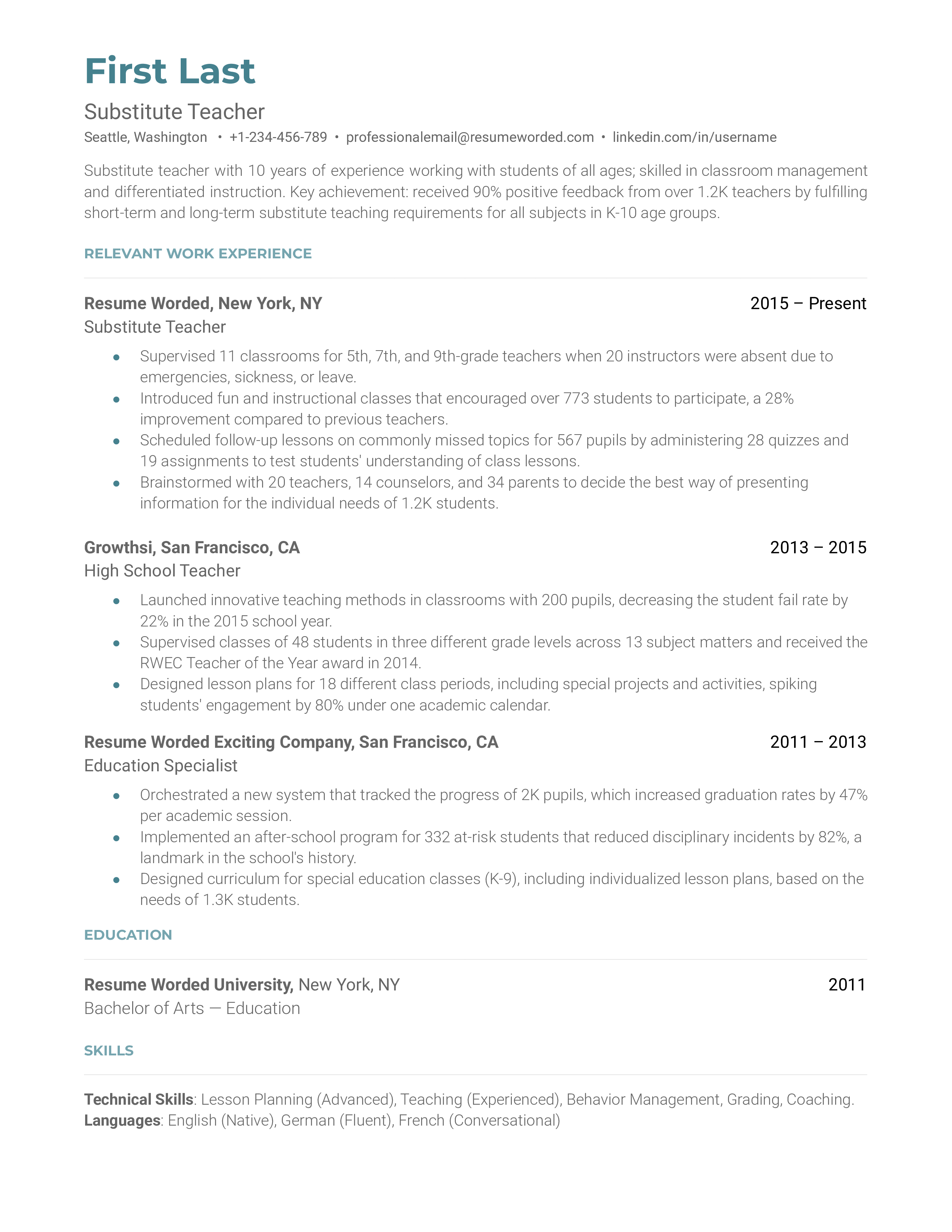 A substitute teacher resume sample that highlights the applicant’s range and positive recognition from fellow teachers.