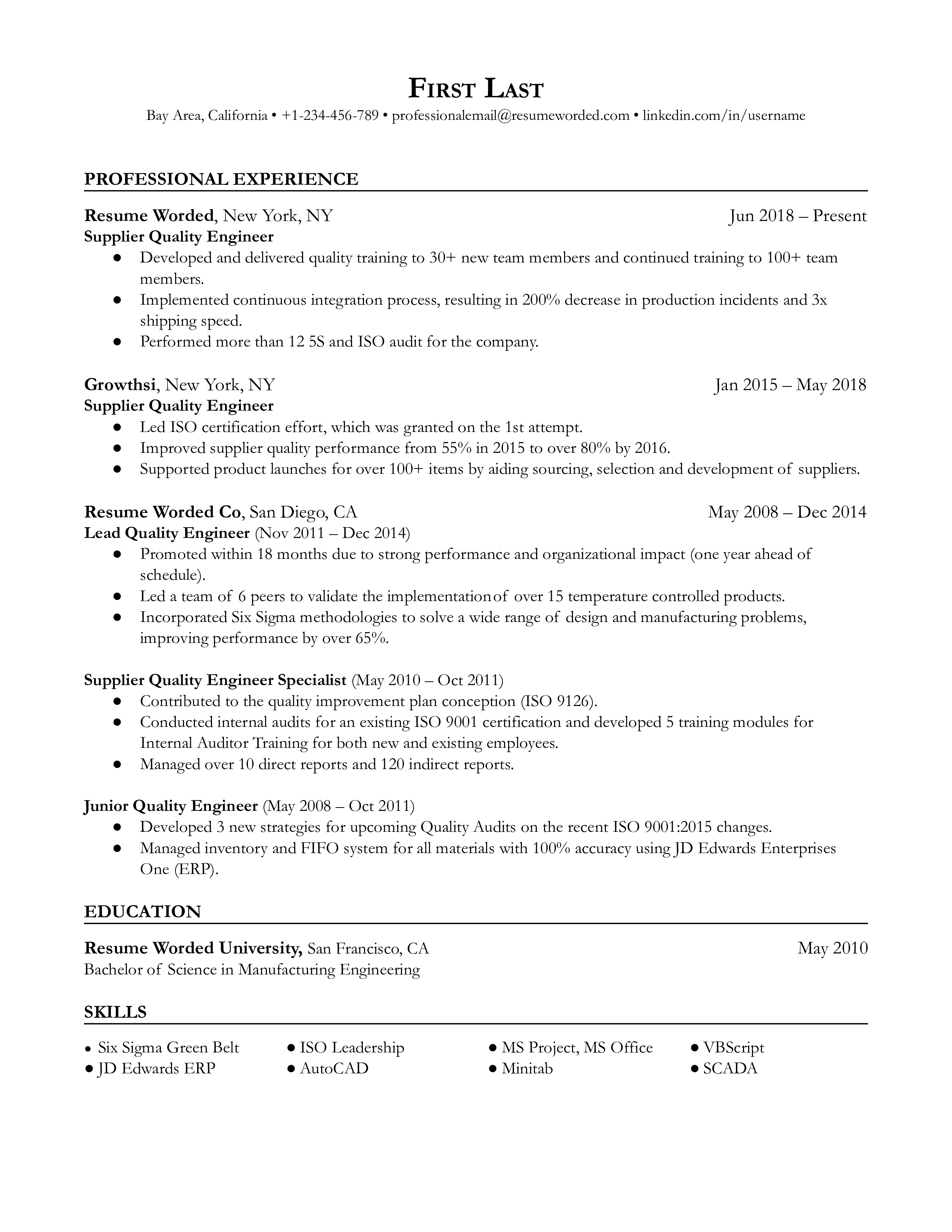 Supplier Quality Engineer Resume Sample