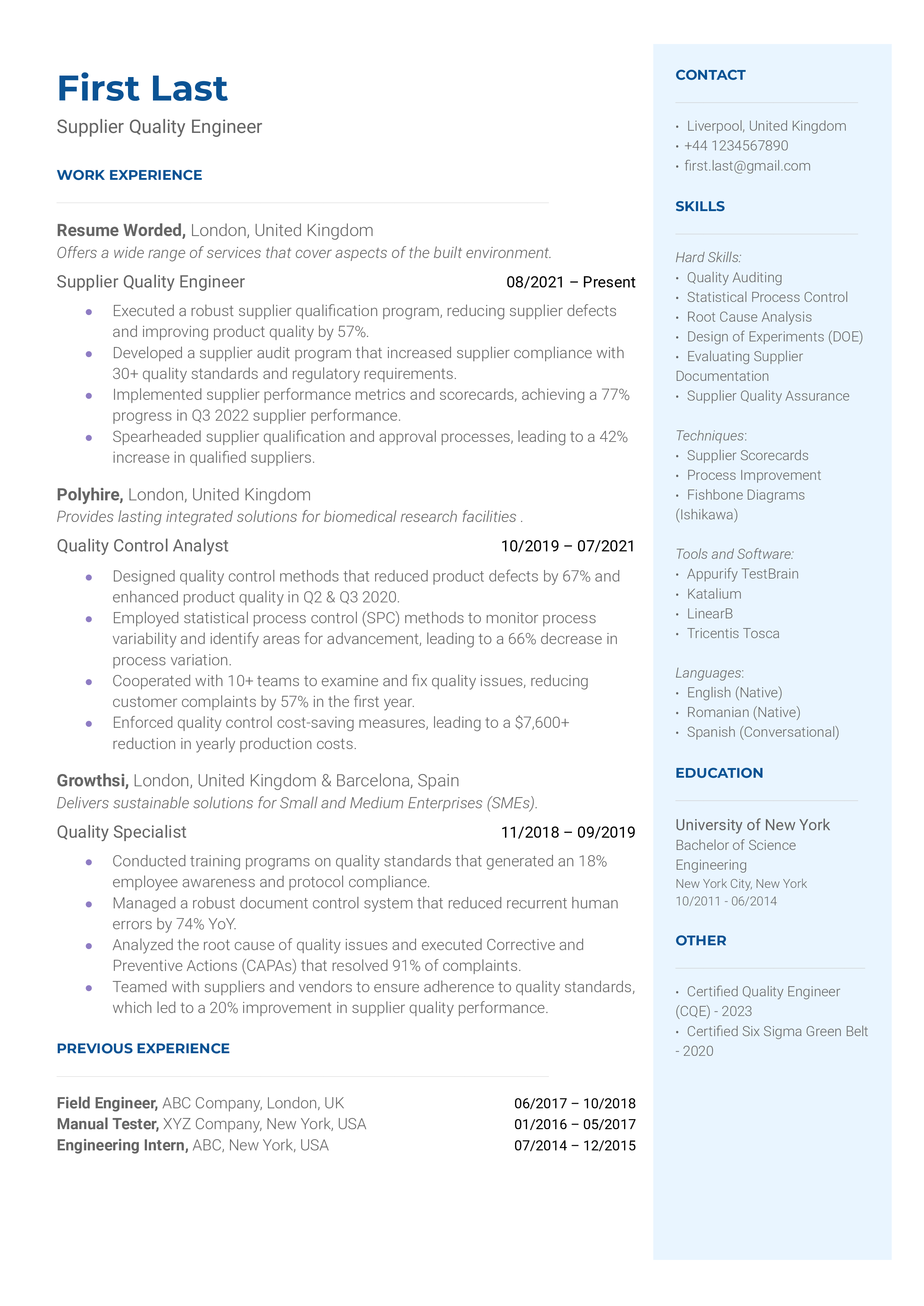 A resume for a Supplier Quality Engineer focusing on industry-specific experience and data analysis skills.