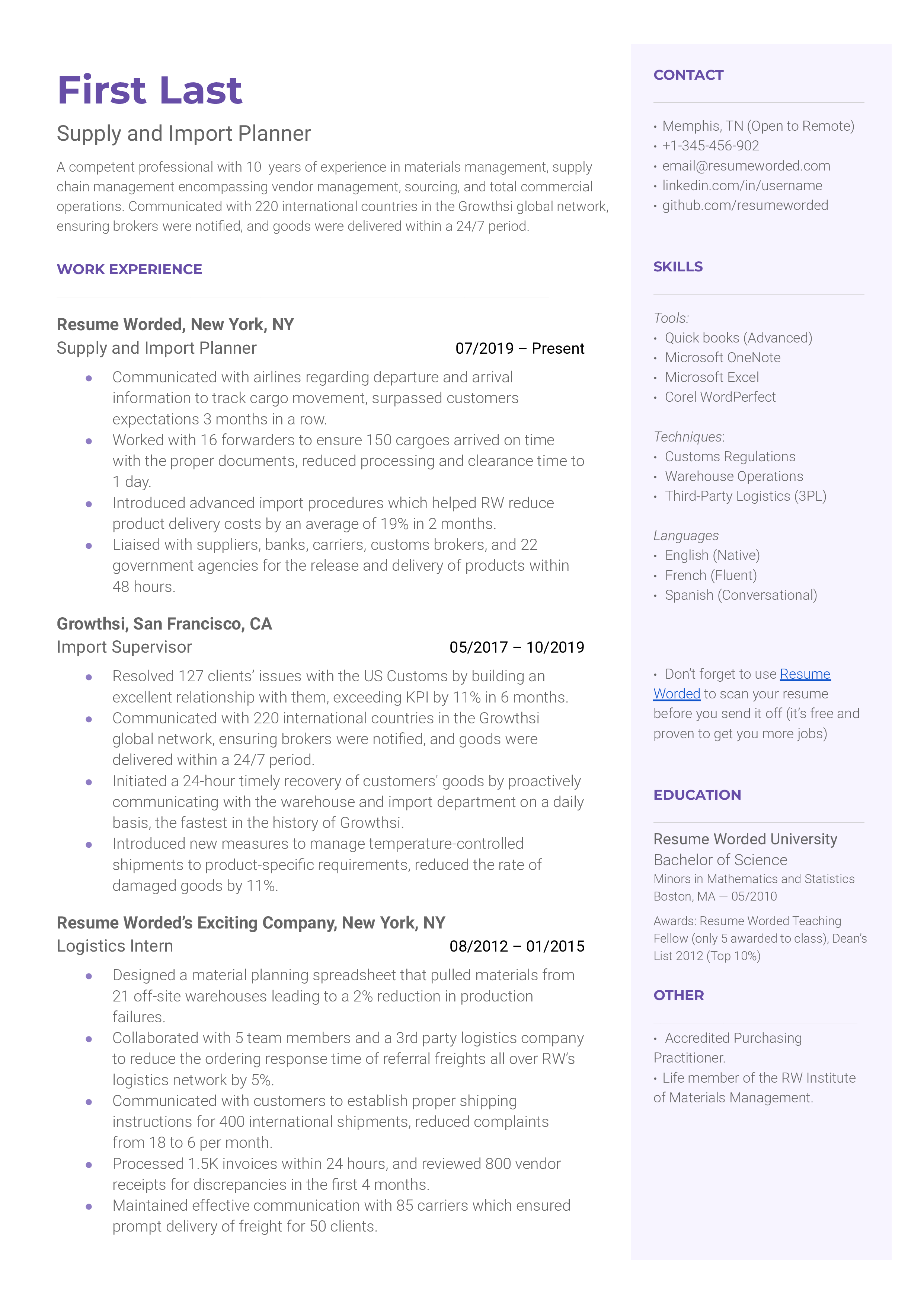Supply and Import Planner Resume Template + Example