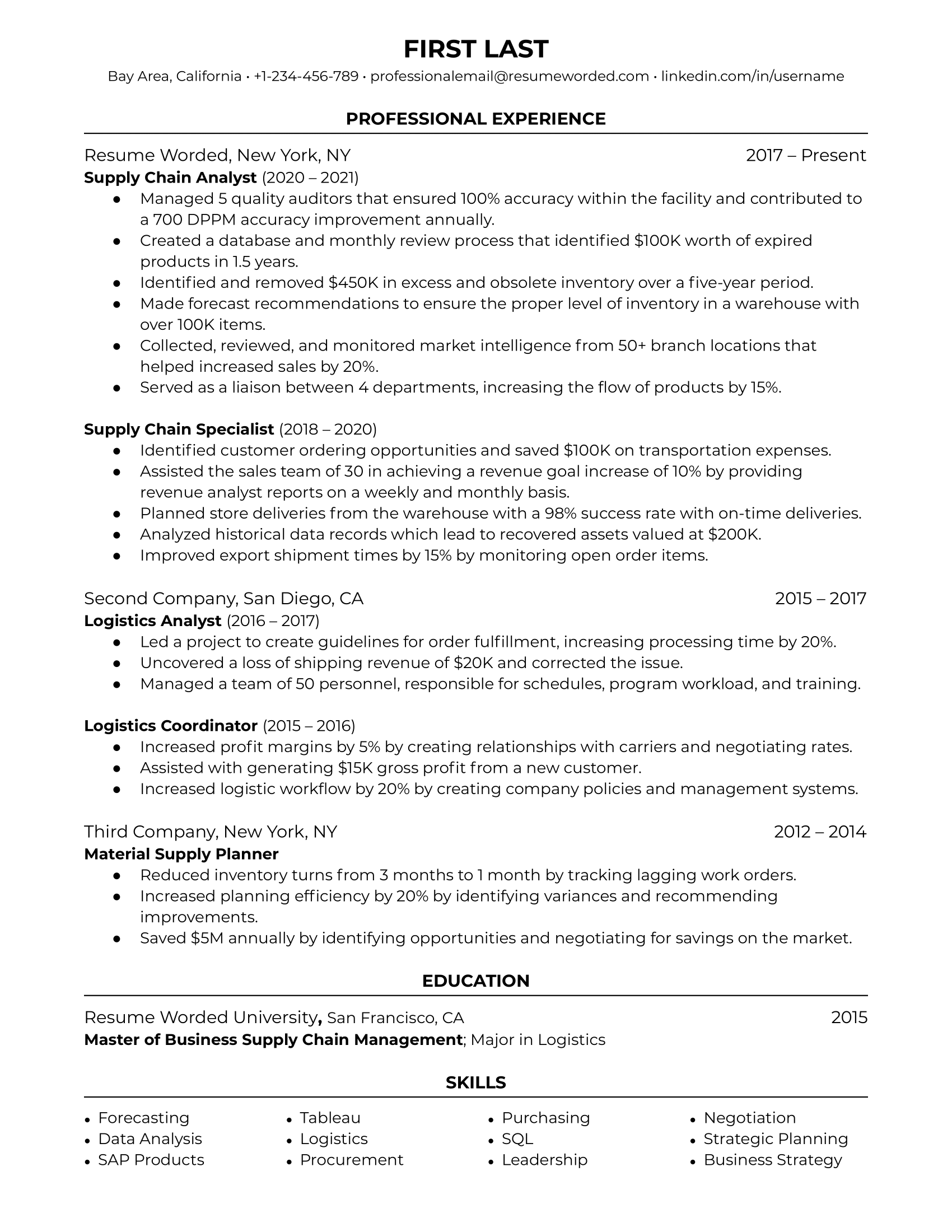 Cv Template Word For Supply Chain Manager