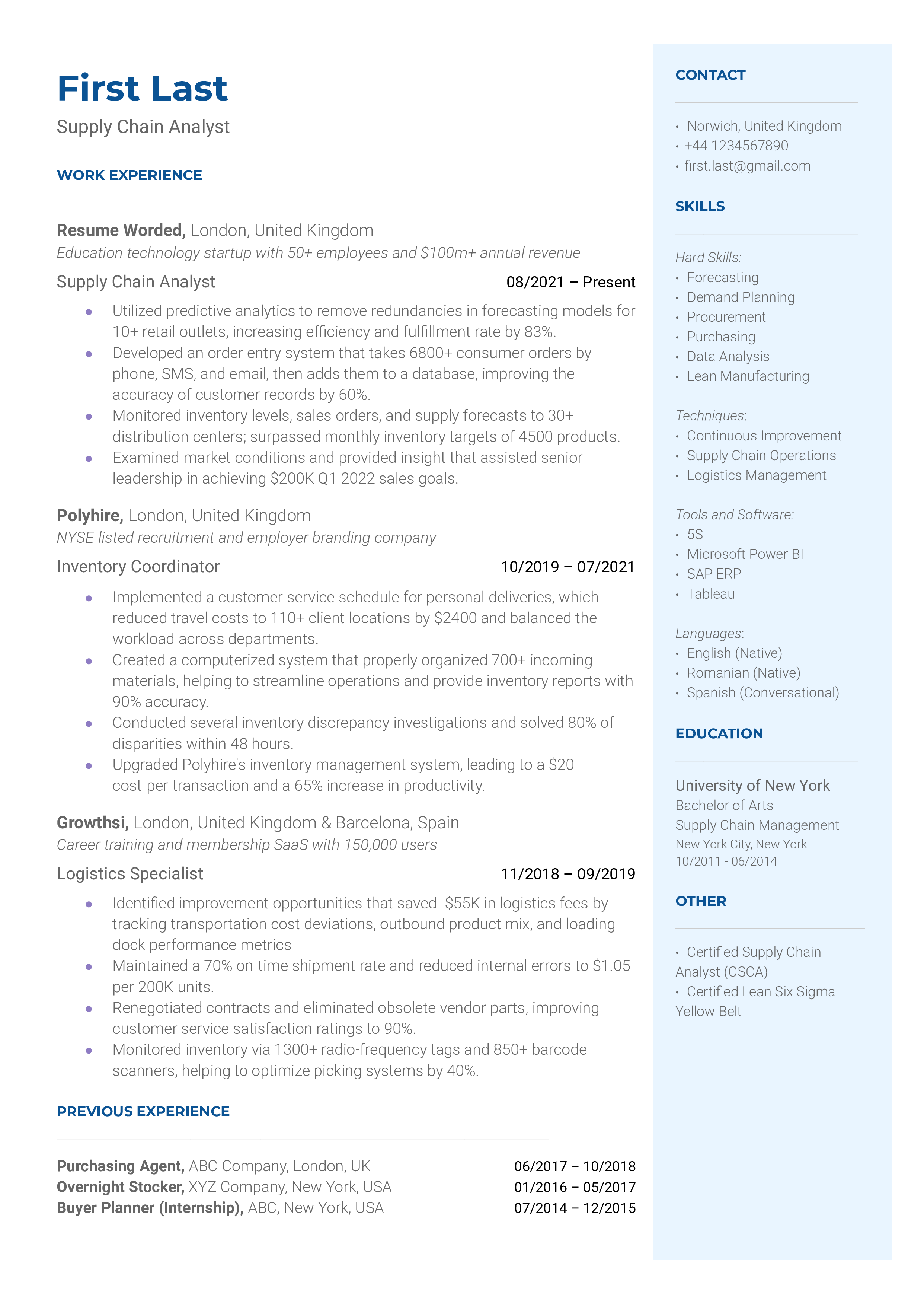 A supply chain analyst resume template focused on logistics techniques.