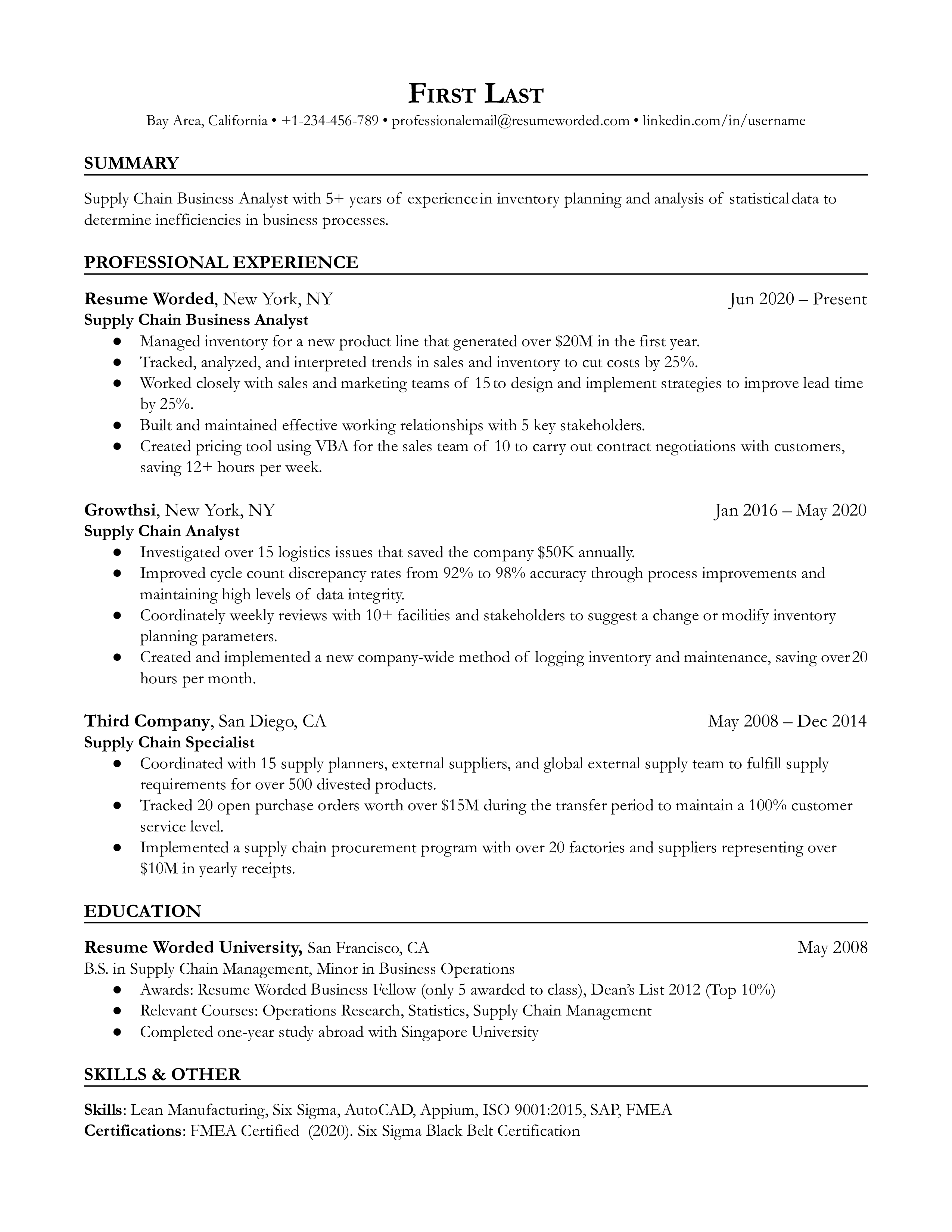 A CV screenshot highlighting supply chain and data analysis skills.