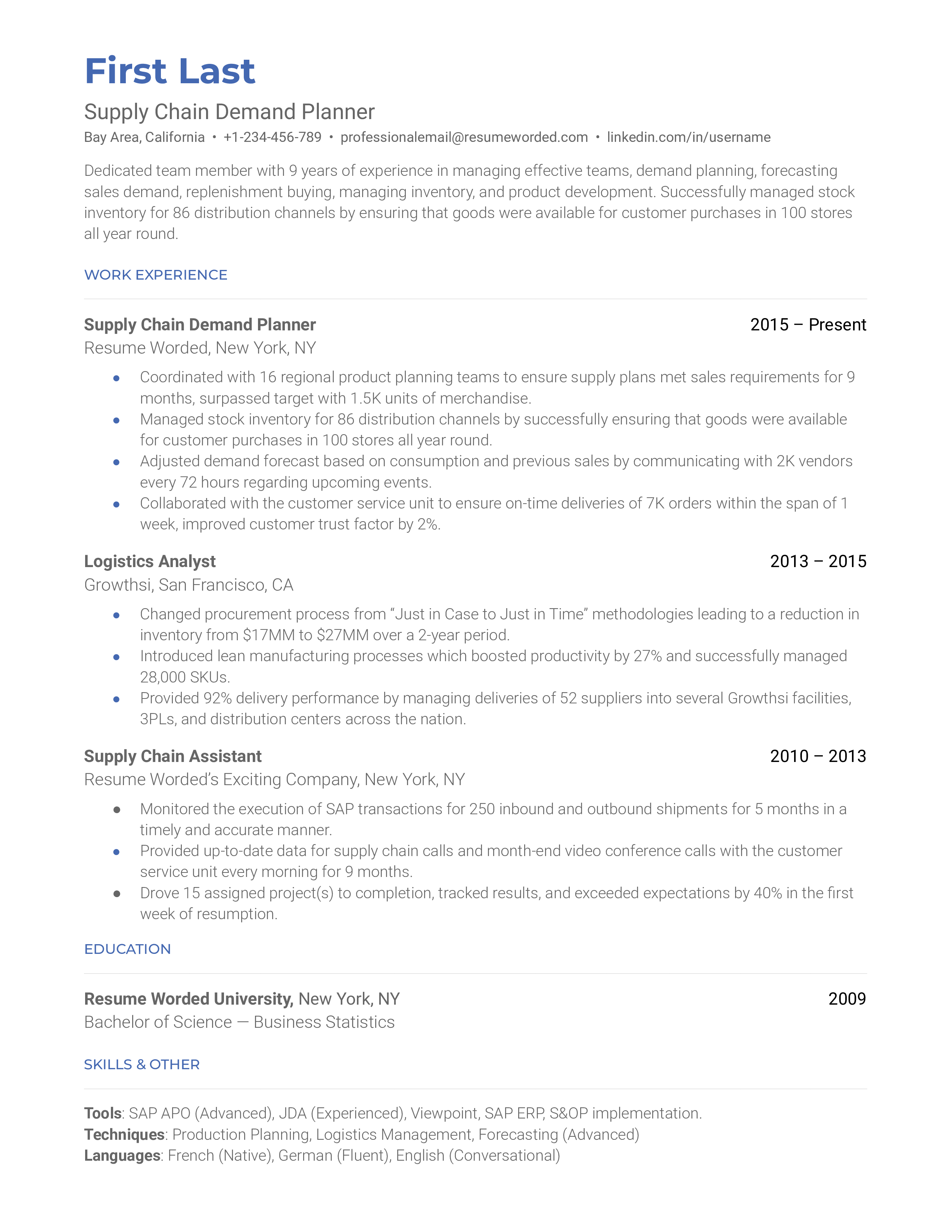 Supply Chain Demand Planner Resume Sample