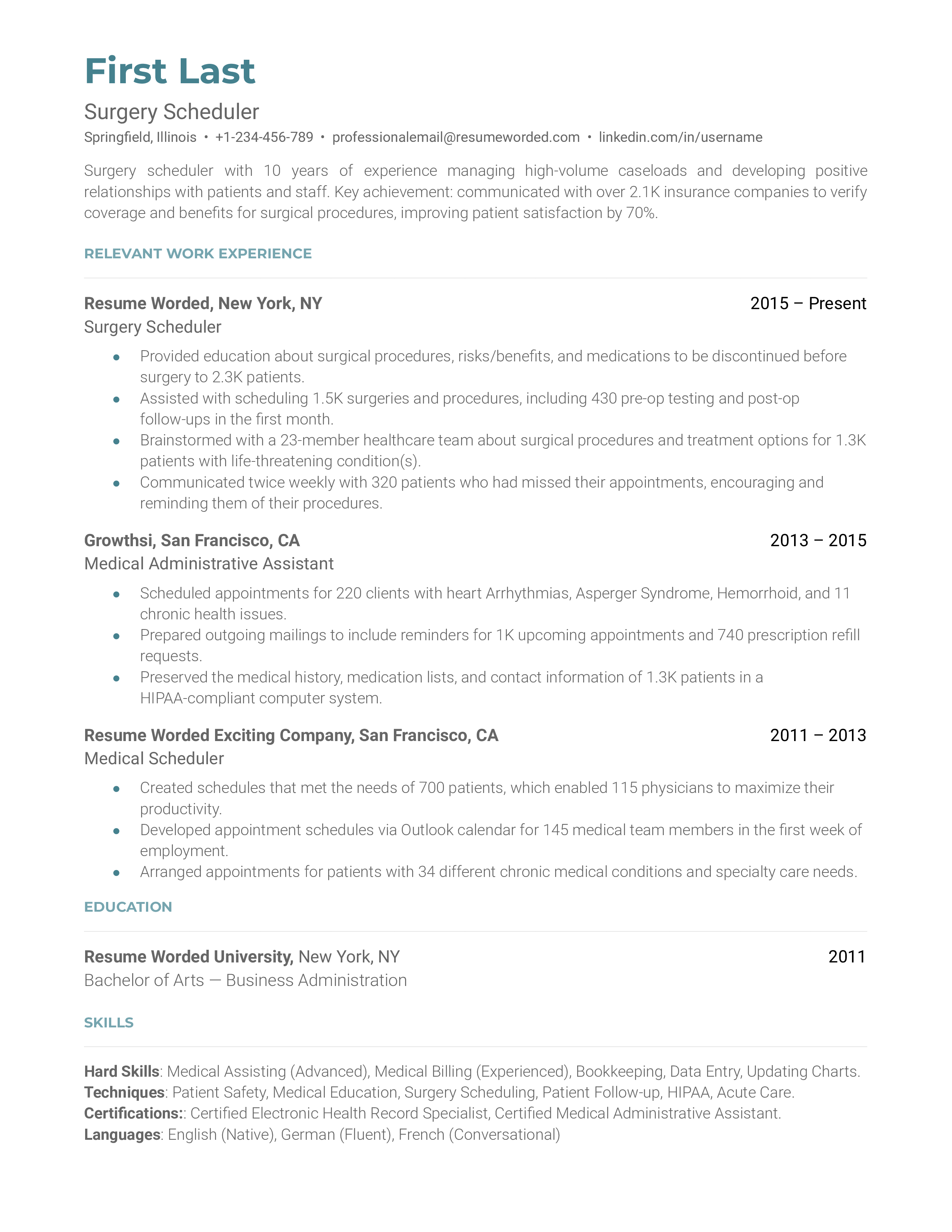 A surgery scheduler resume template including relevant work experience, skills, and education 