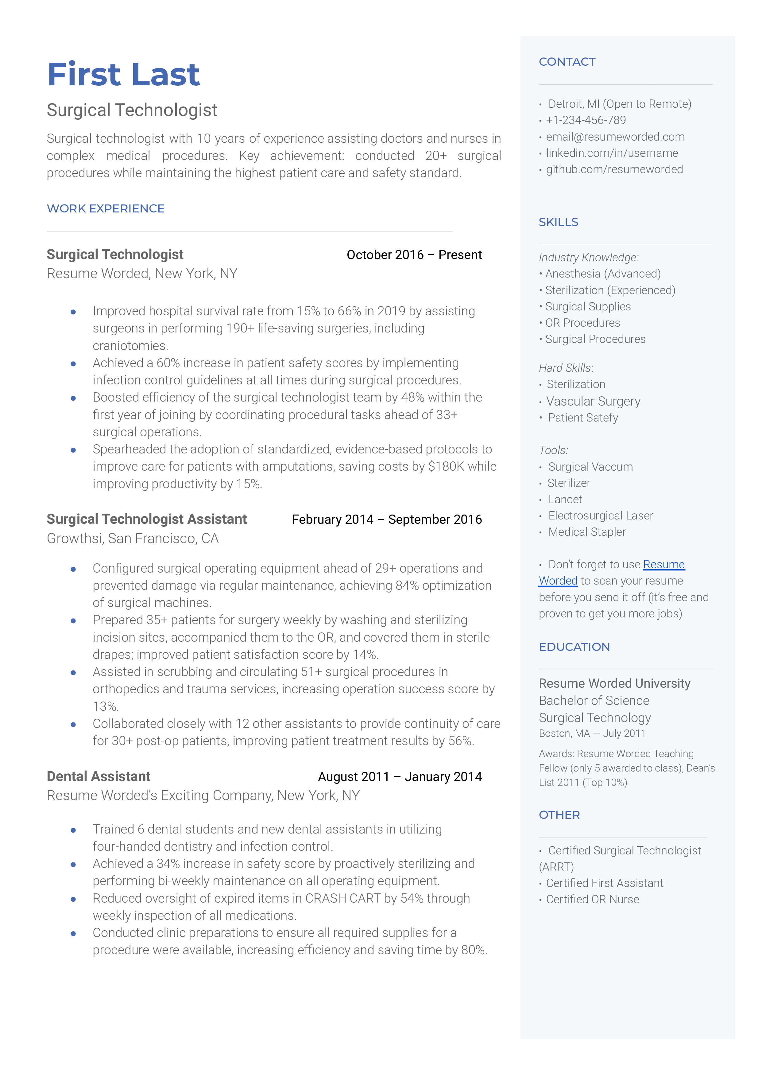 A surgical technologist resume sample that highlights the applicant’s key achievements and core function experience.