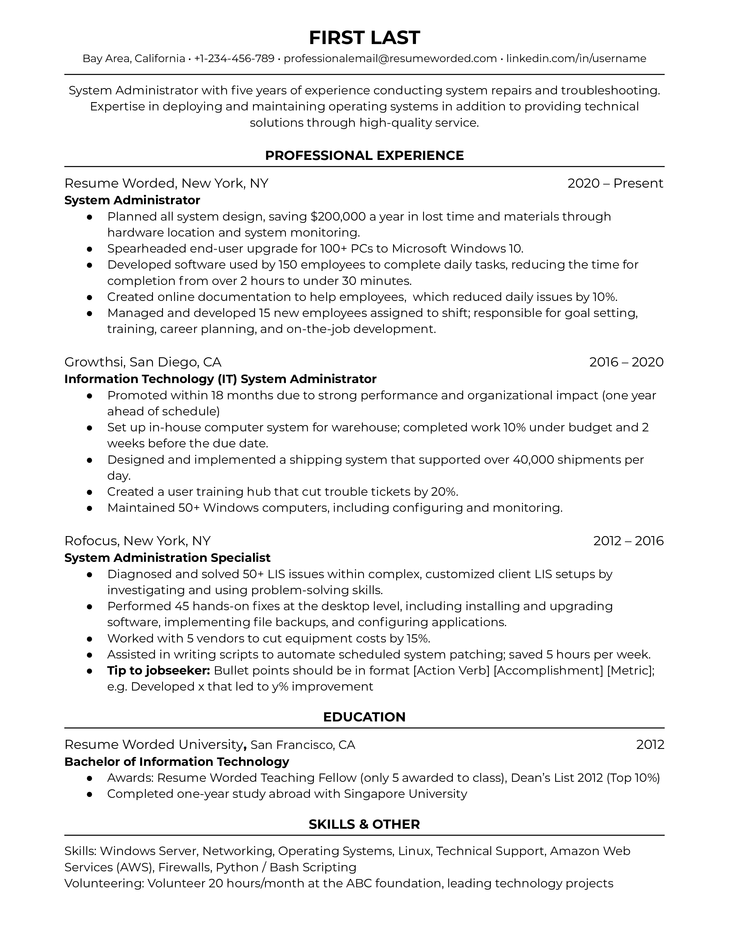 CV screenshot highlighting key projects and technical proficiencies of a System Administrator.