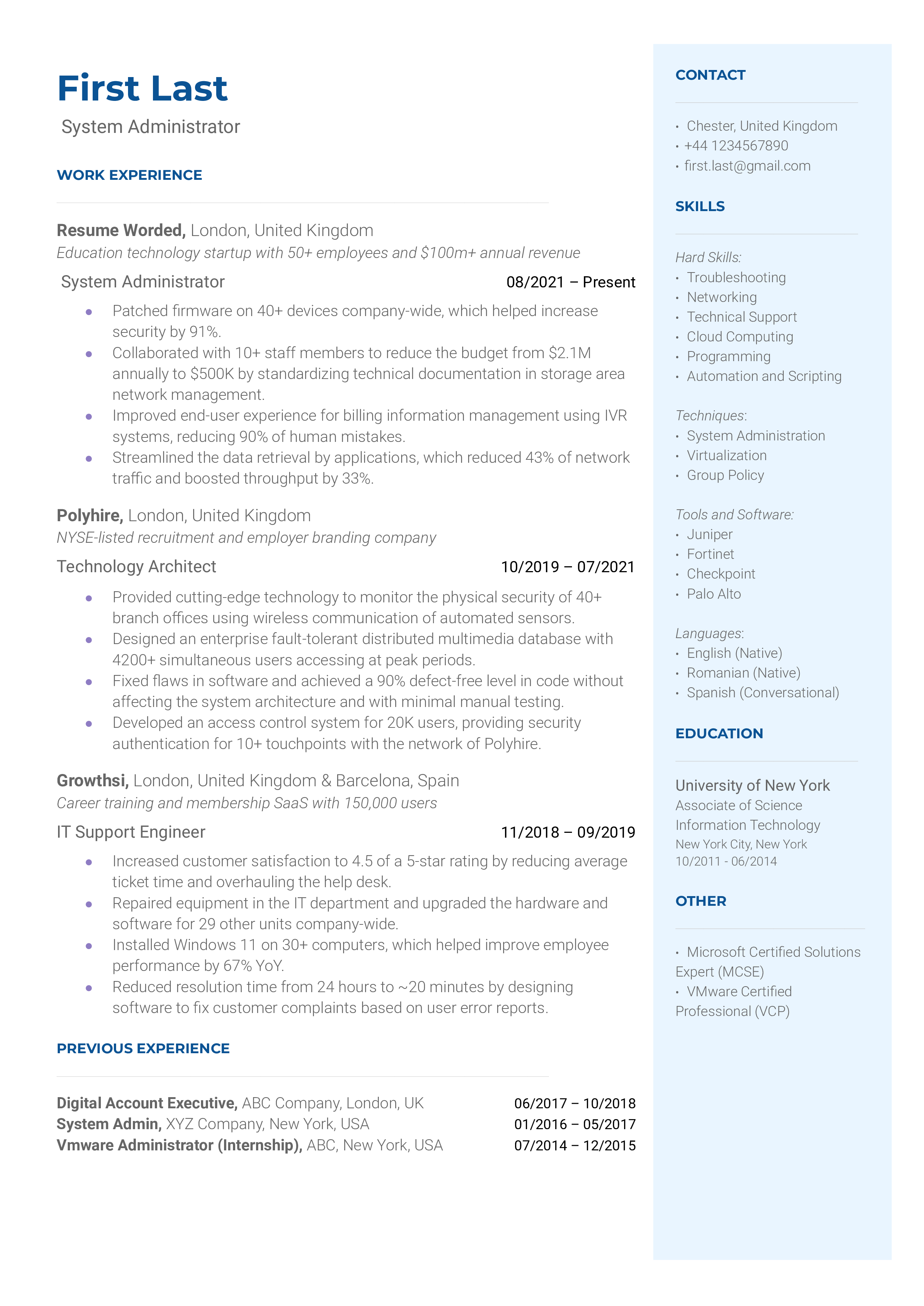 A System Administrator resume emphasizing experience in managing and maintaining computer systems, troubleshooting technical issues, and ensuring network security.