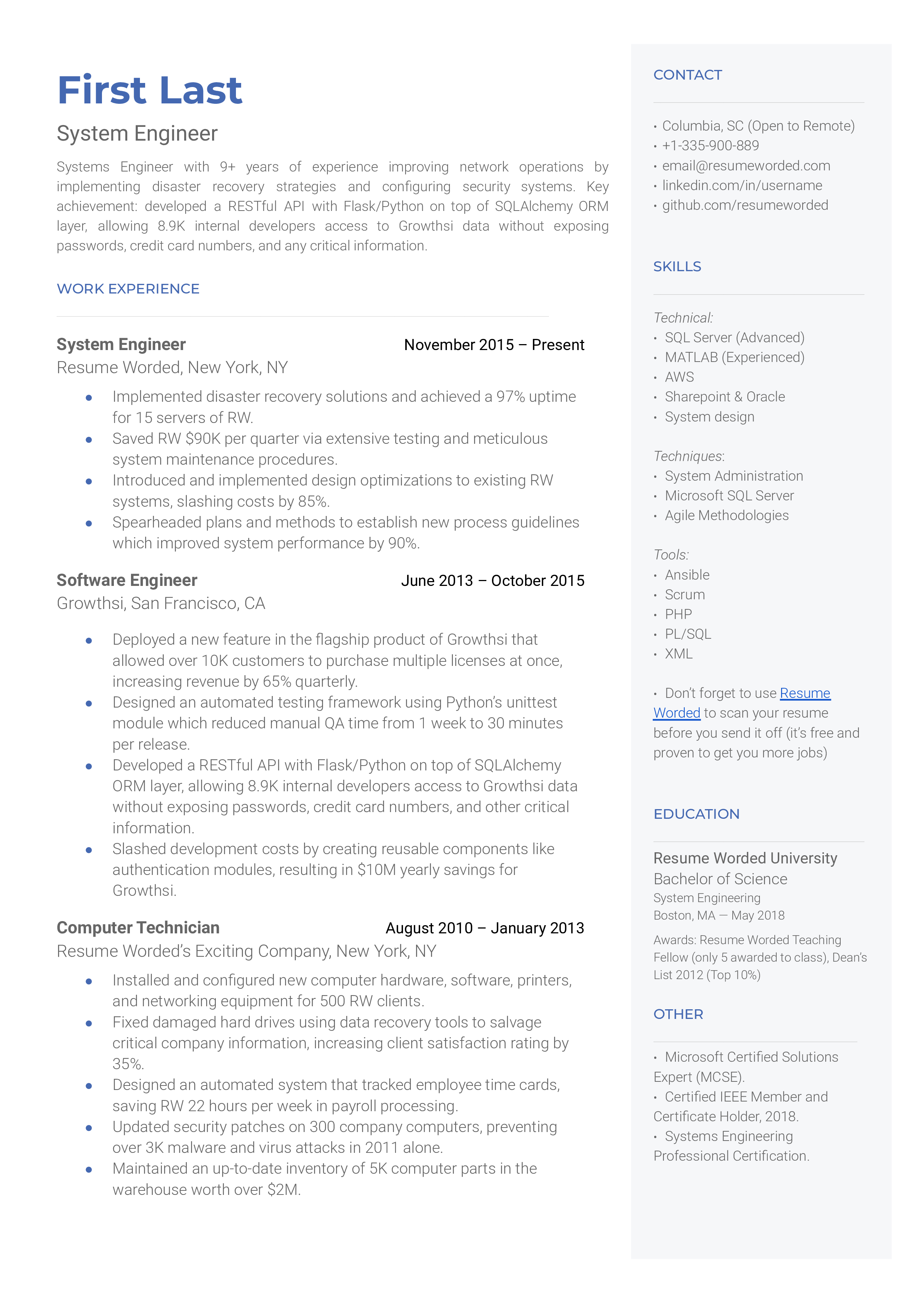 5 System Engineer Resume Examples for 2023 | Resume Worded