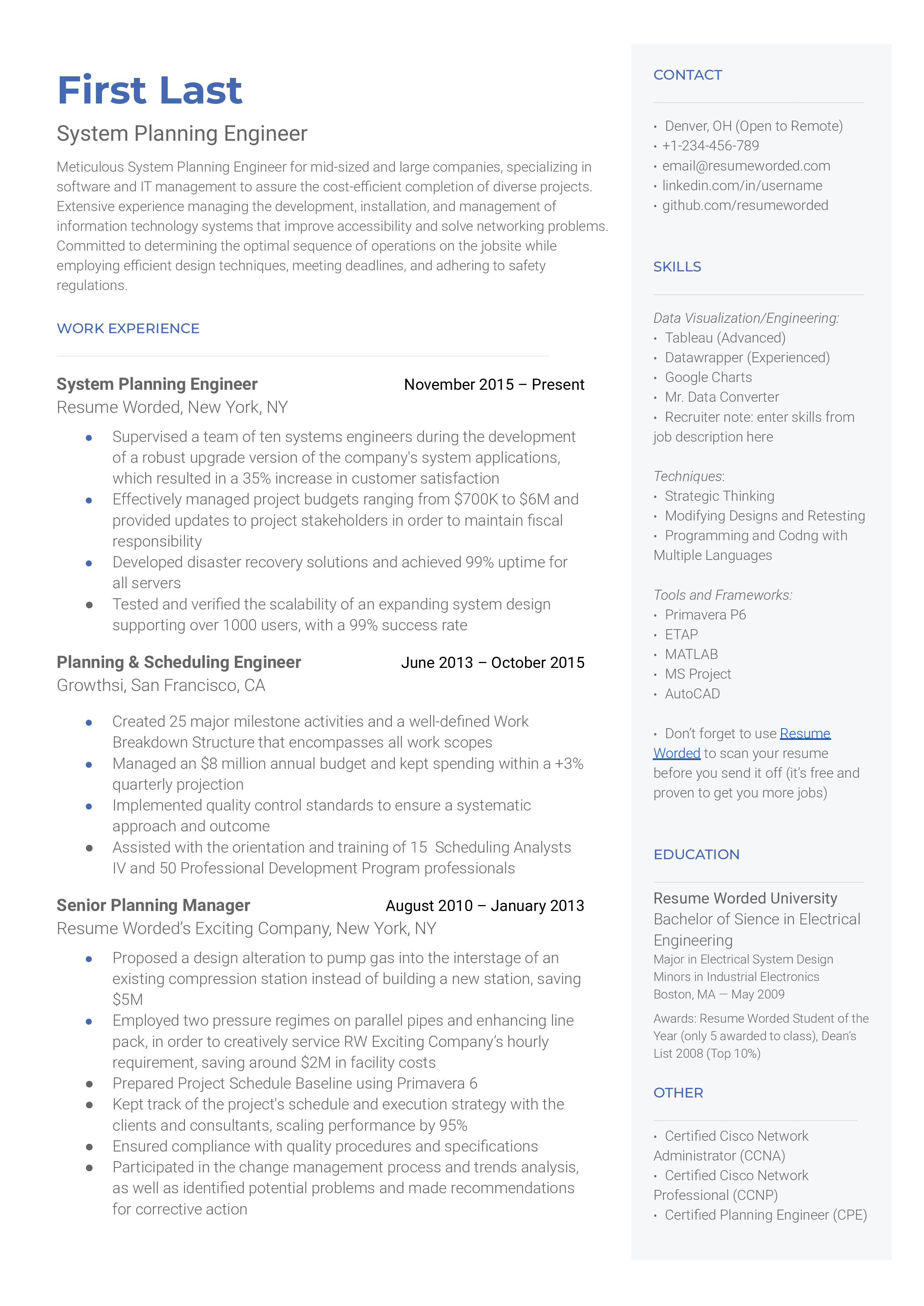 A system planning engineer resume example that highlights the most relevant work experience, followed by skills and education. 