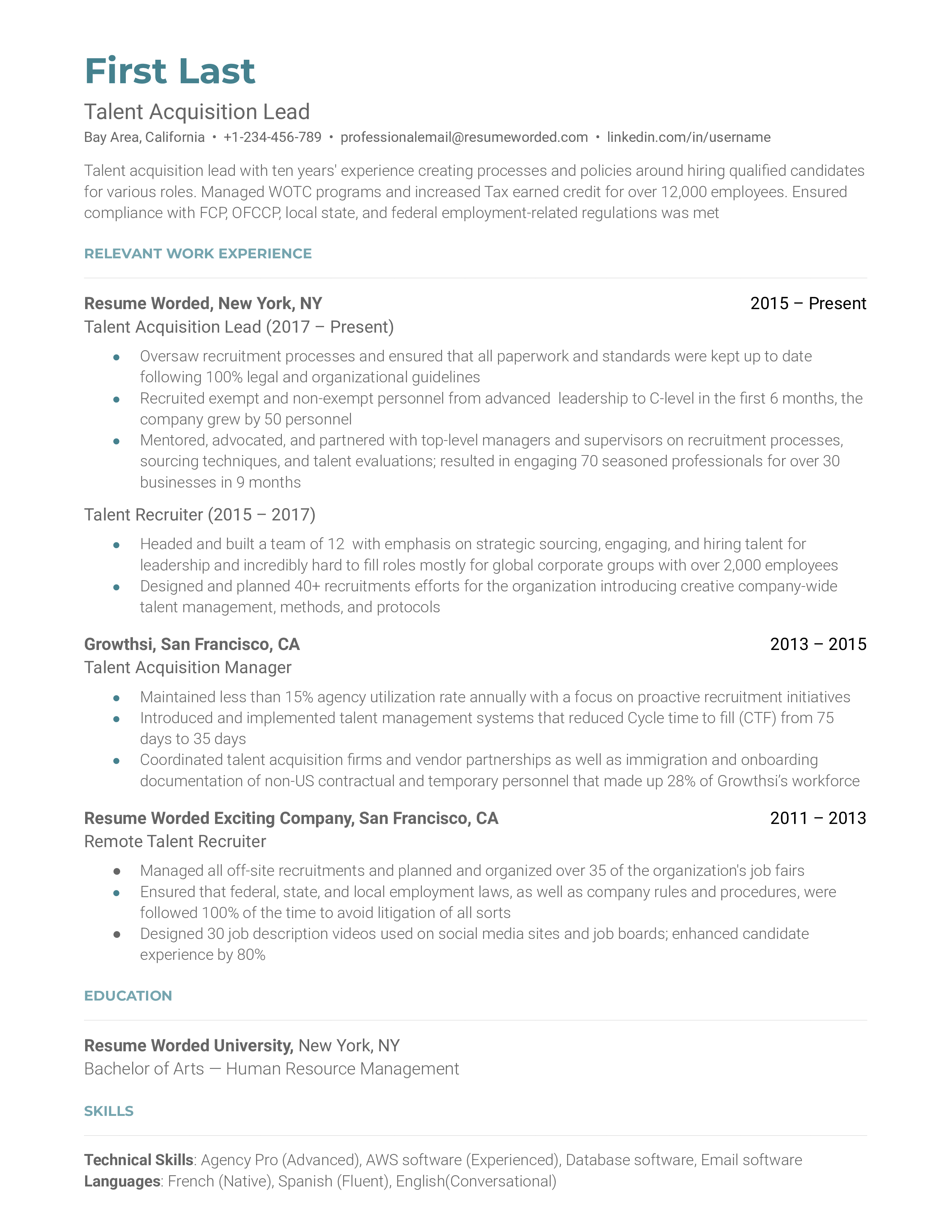 Talent acquisition lead resume sample that highlights career progression and communication skills.