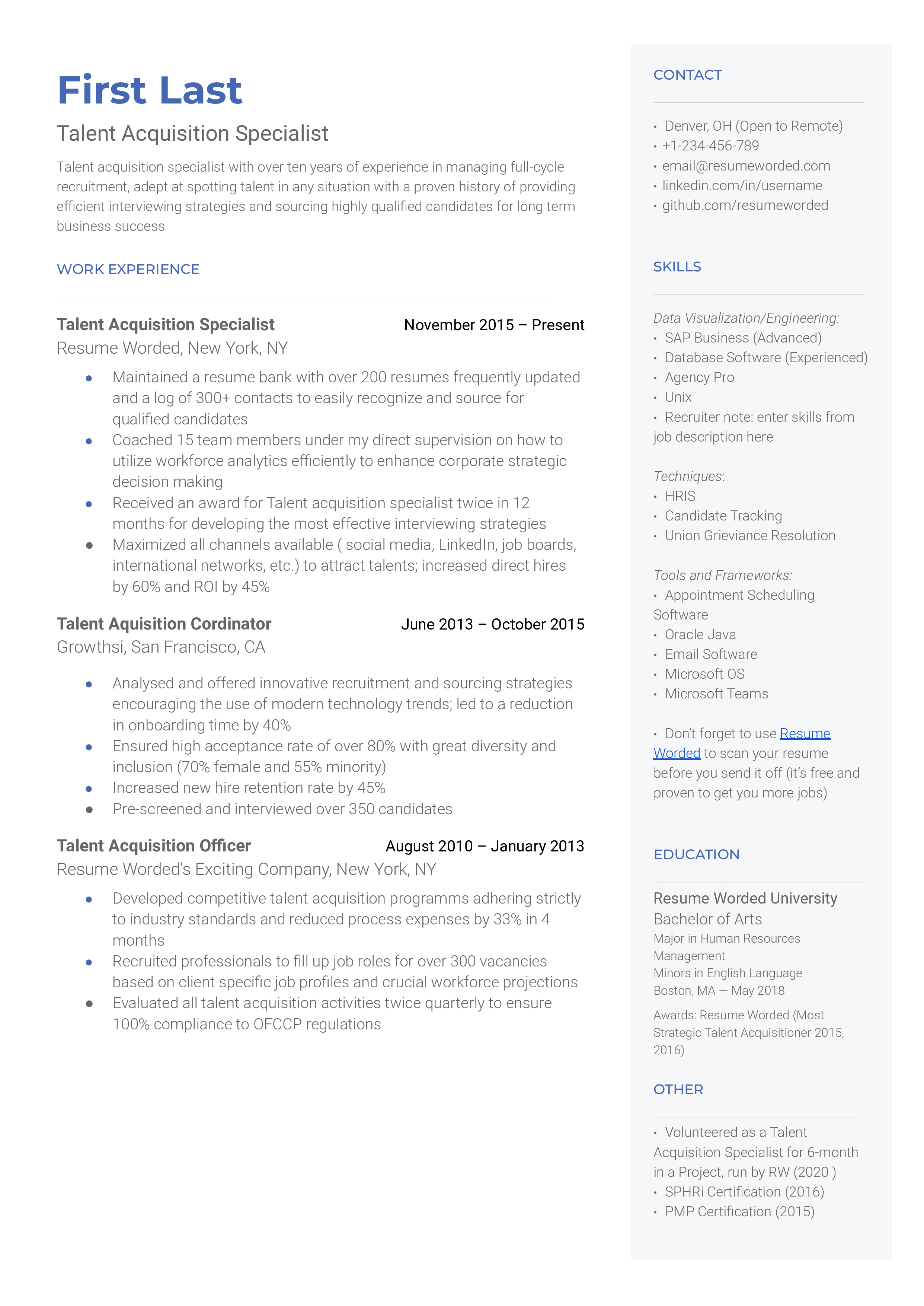 Talent Acquisition Specialist Resume Template + Example