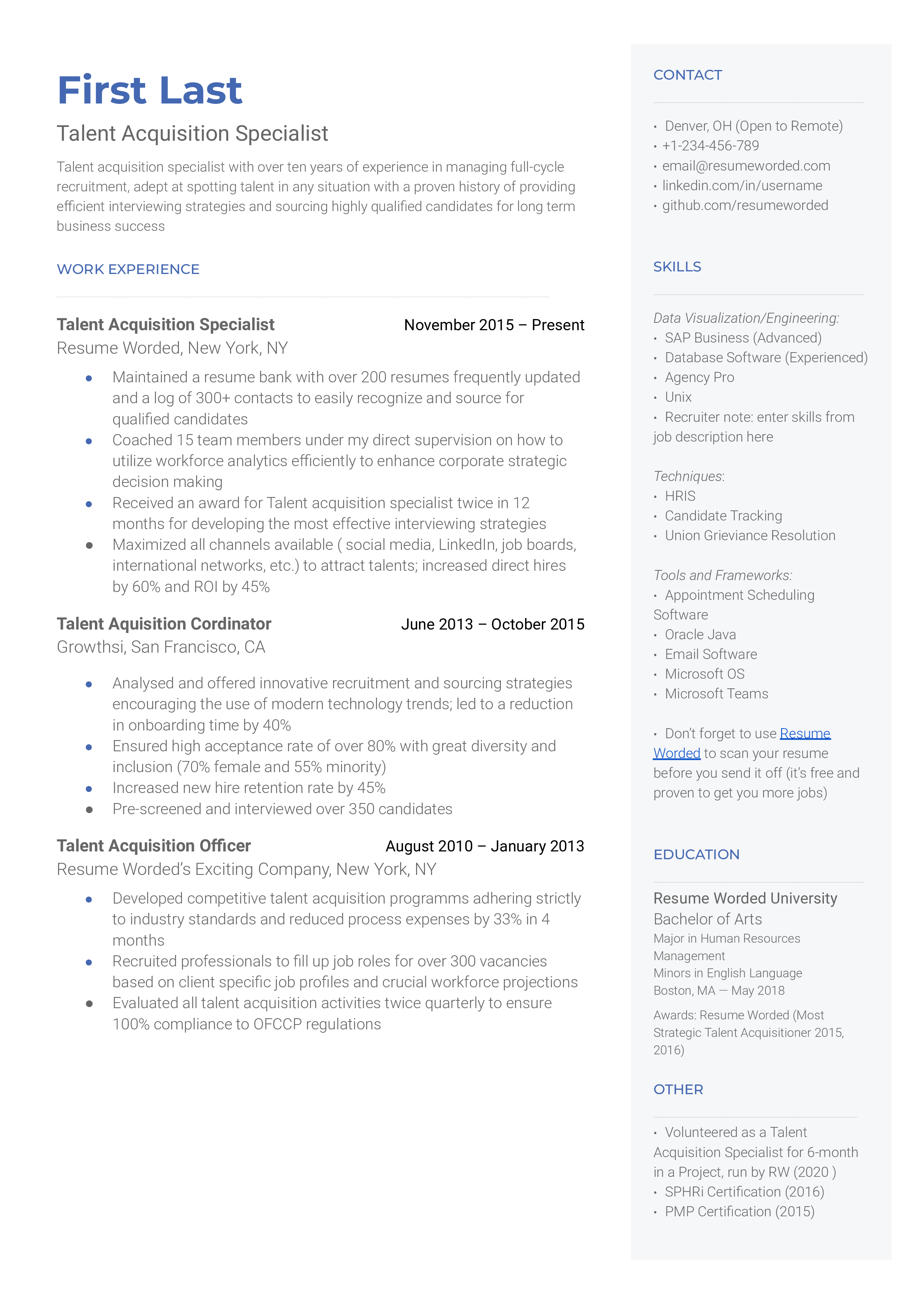 Talent acquisition specialist resume sample that highlights the applicant's value addition and the skills they have.