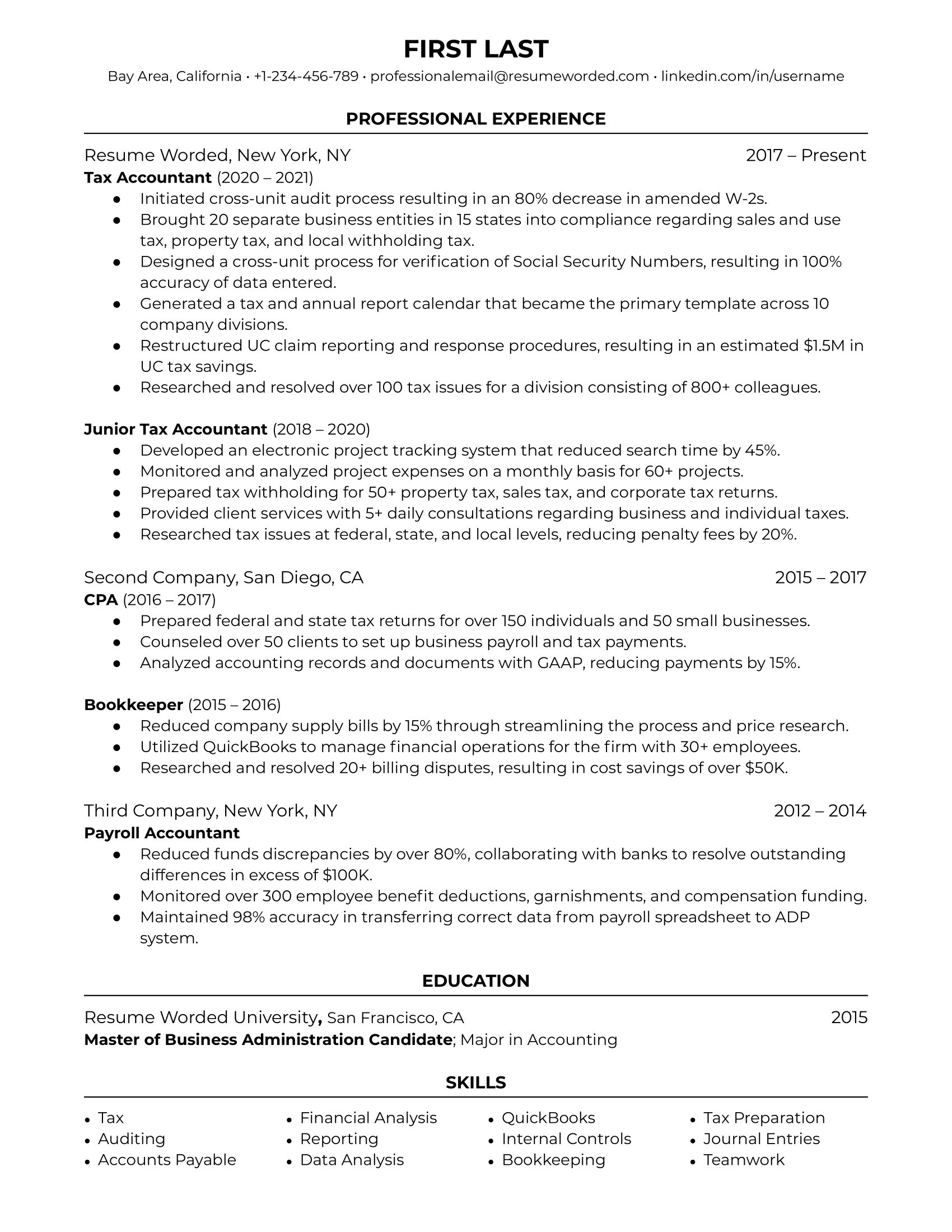 A Tax Accountant's resume showing key skills, certifications, and problem-solving experiences.