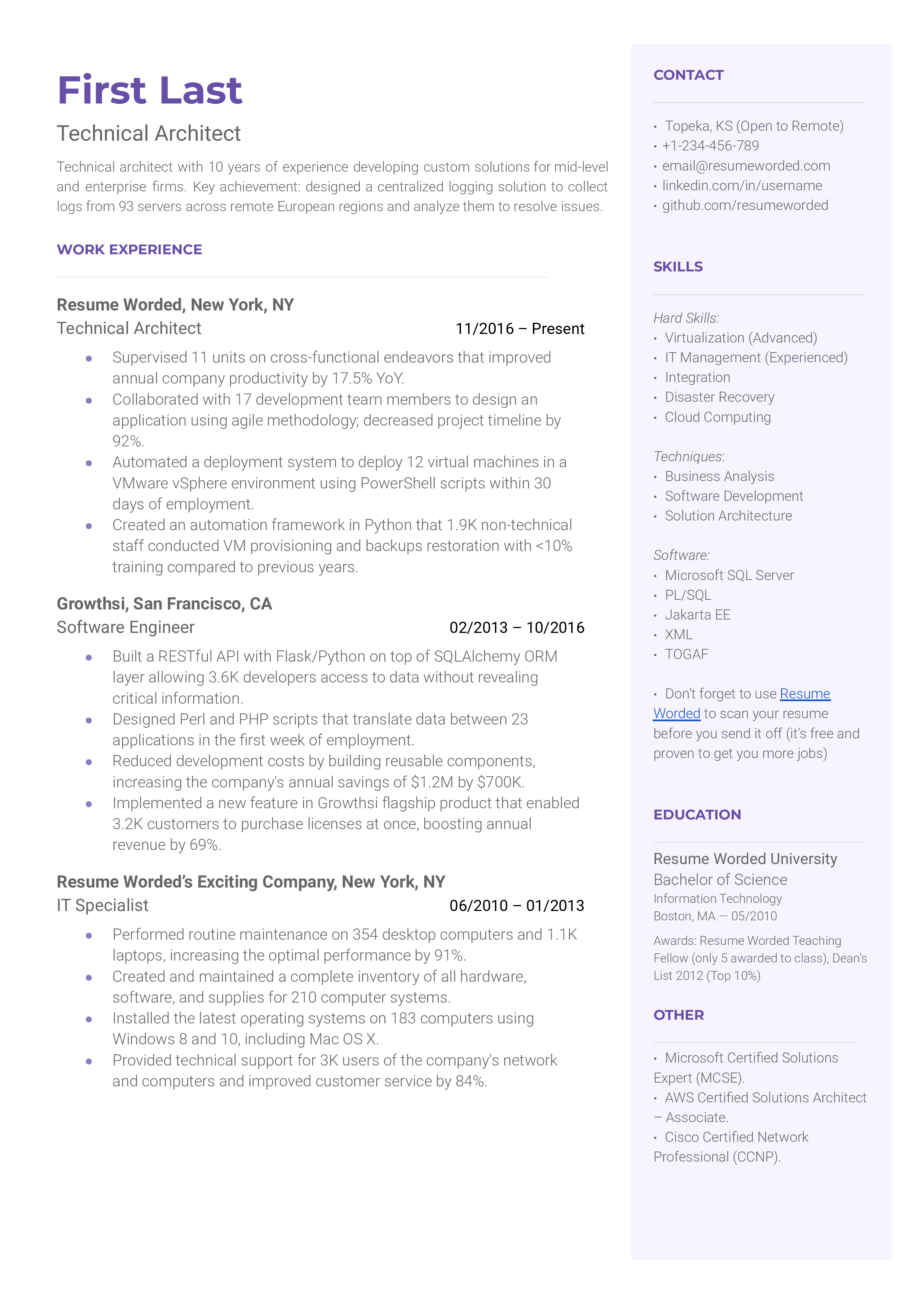 A technical architect resume template including a brief professional description, work experience, and skills section