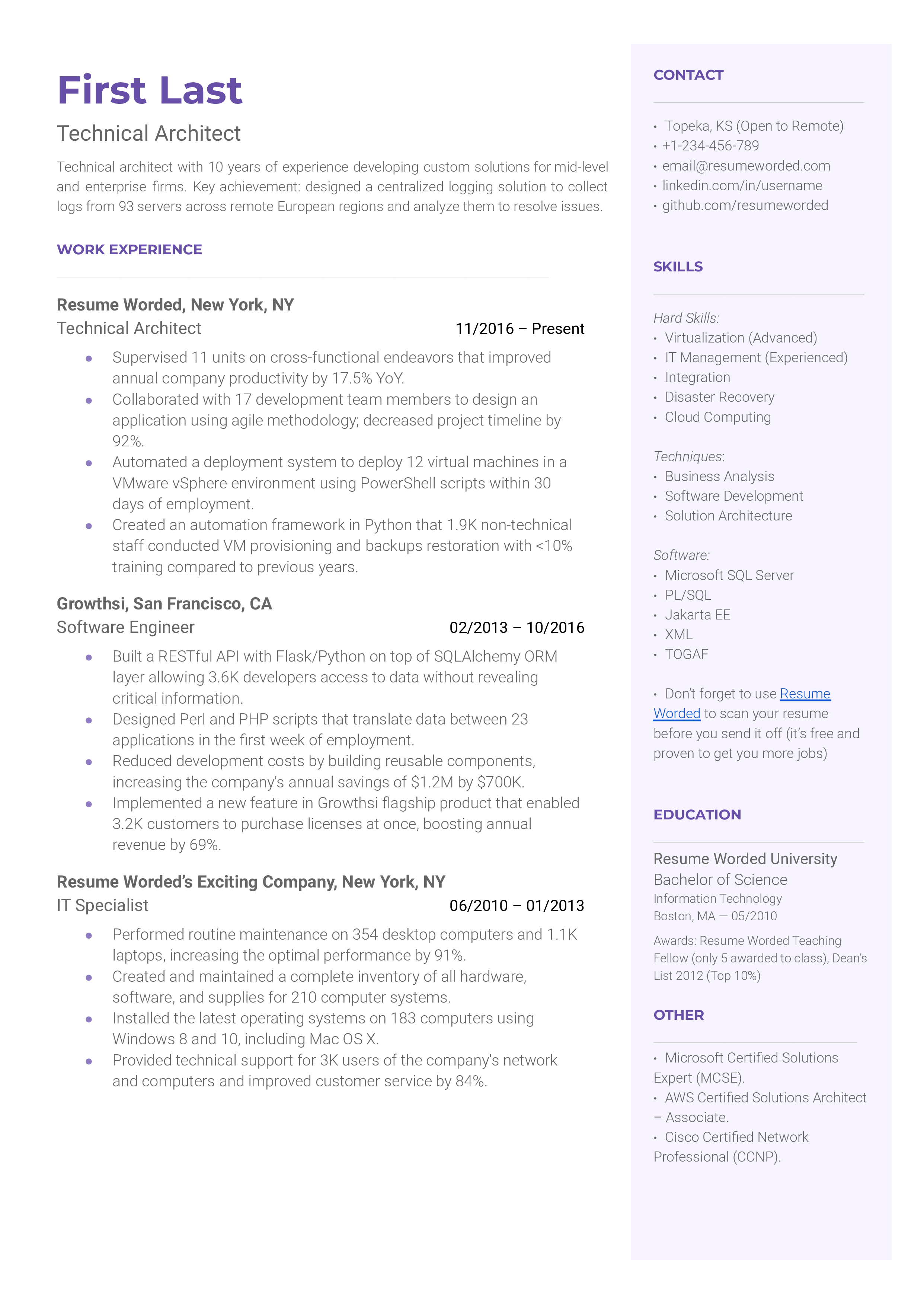 Technical Architect Resume Sample