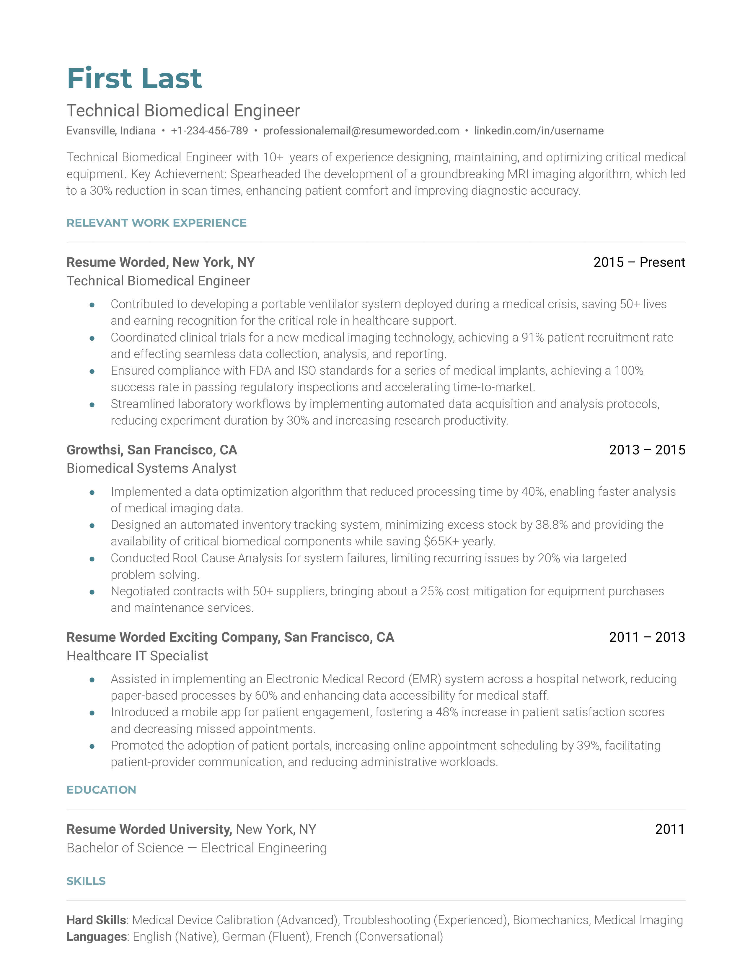 Technical Biomedical Engineer resume showcasing key projects and software proficiency.