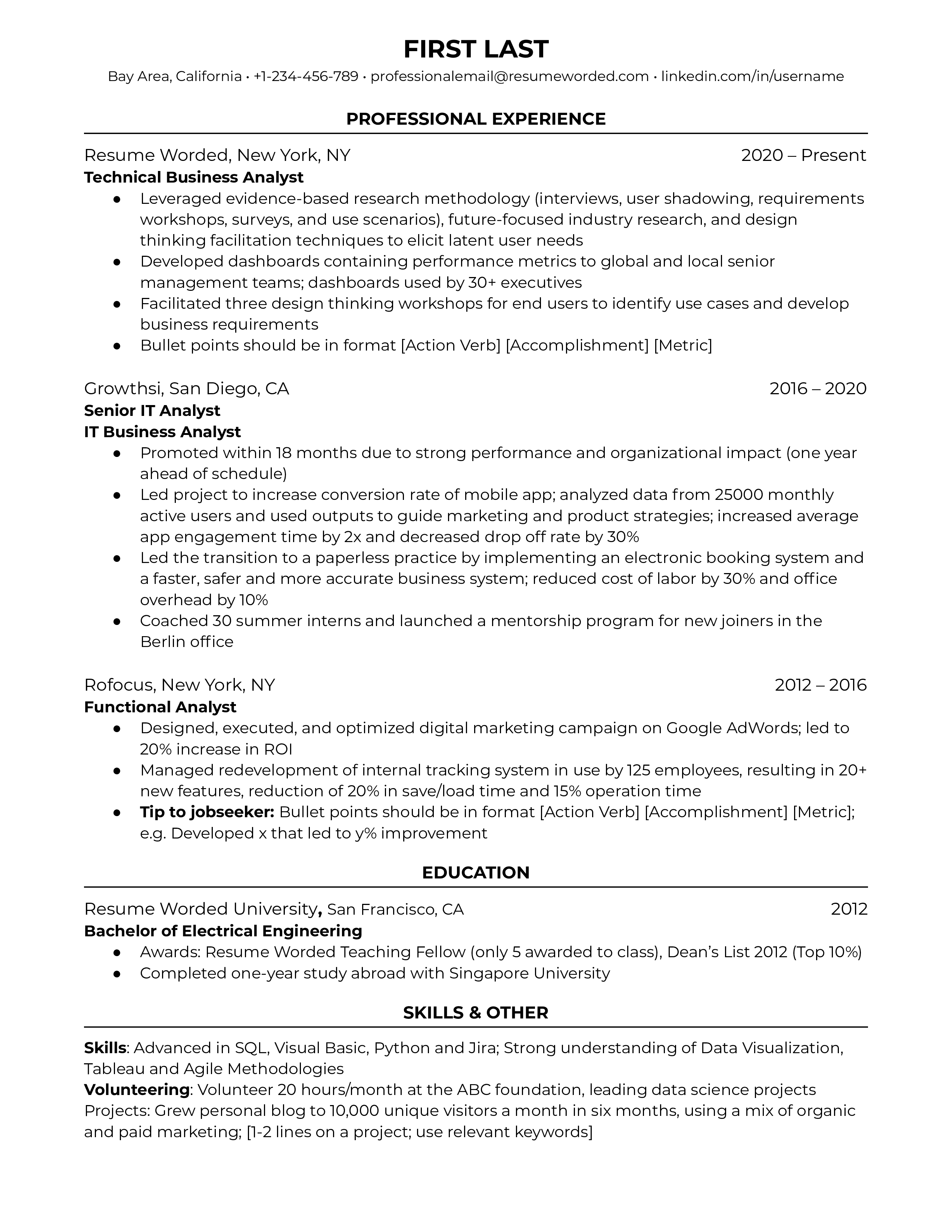 A sample CV for a Technical Business Analyst role filled with technical skills and quantifiable achievements.