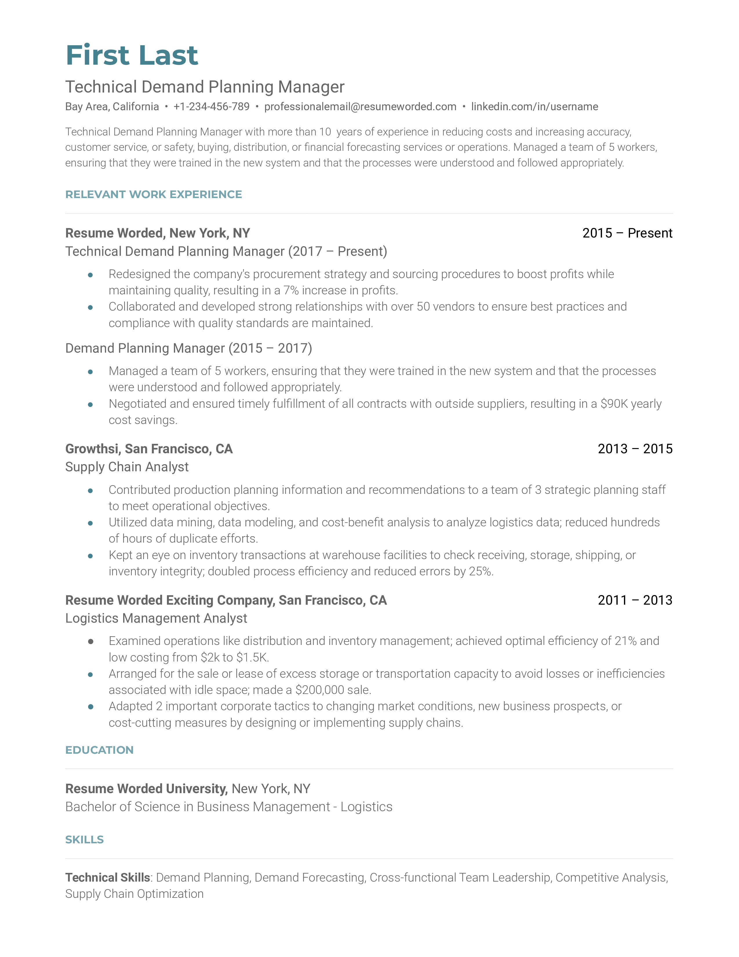 An example of a technical demand planning manager resume for 2022