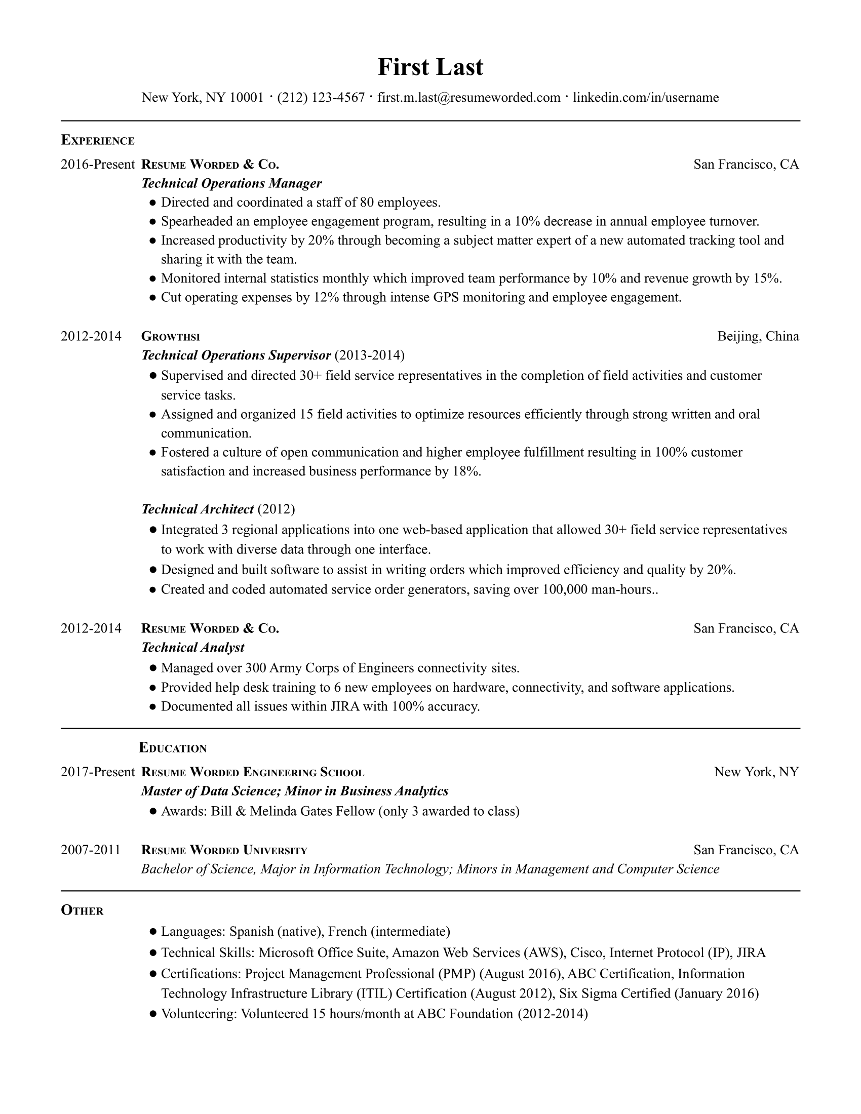 Technical operations manager resume template with technical background, management experience, and hard skills