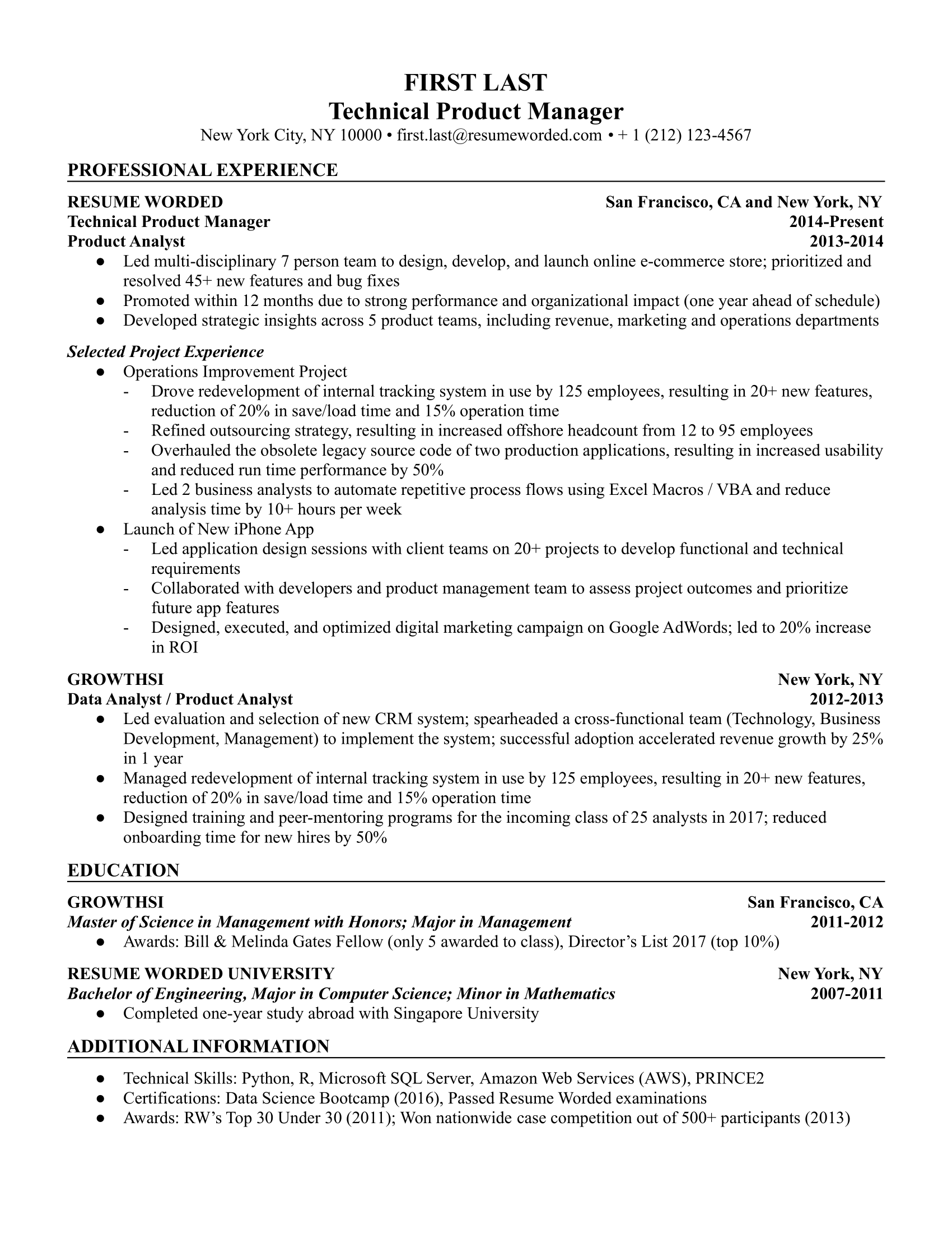 Technical Product Manager resume showcasing expertise and achievements.