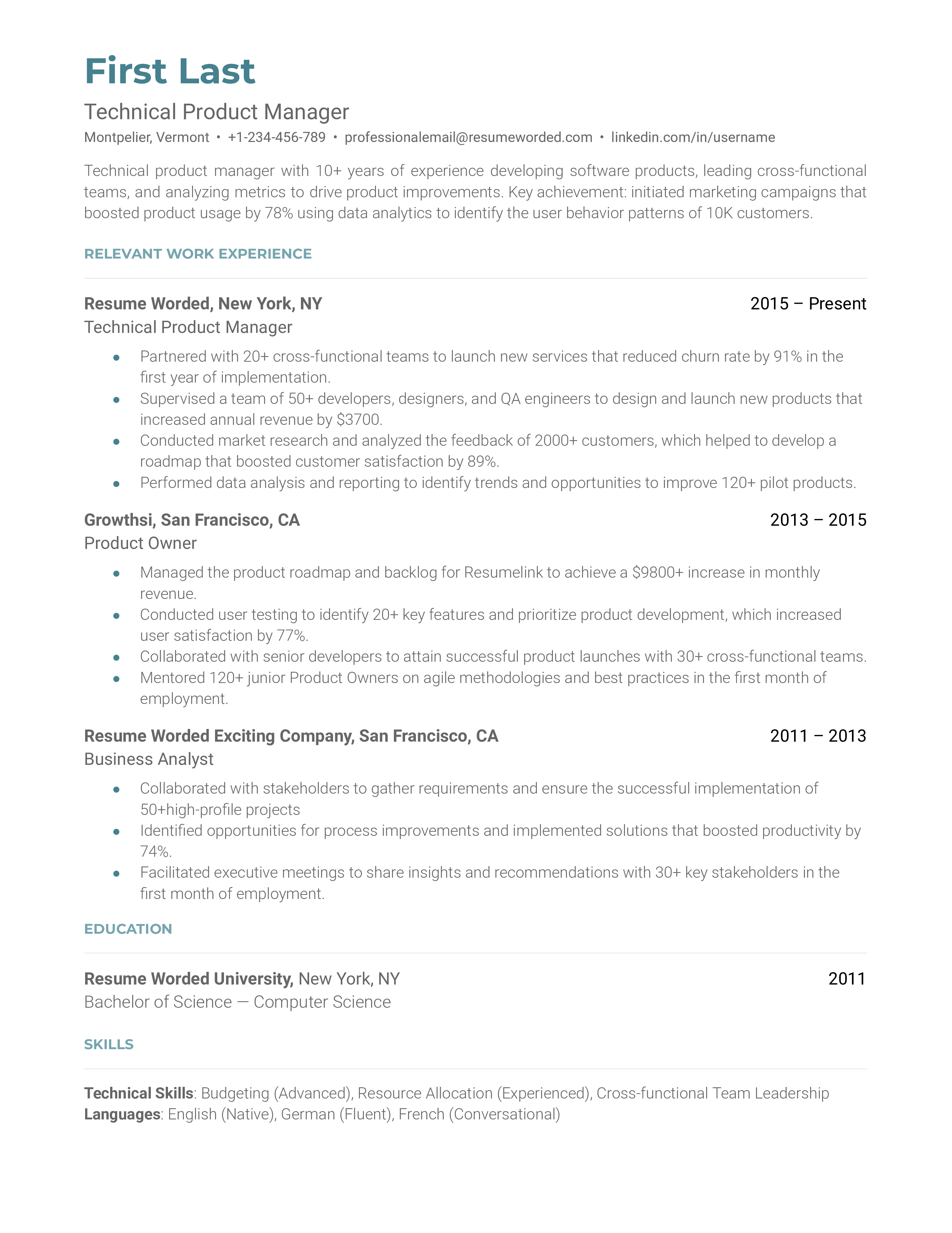 Technical Product Manager resume showcasing expertise and achievements.