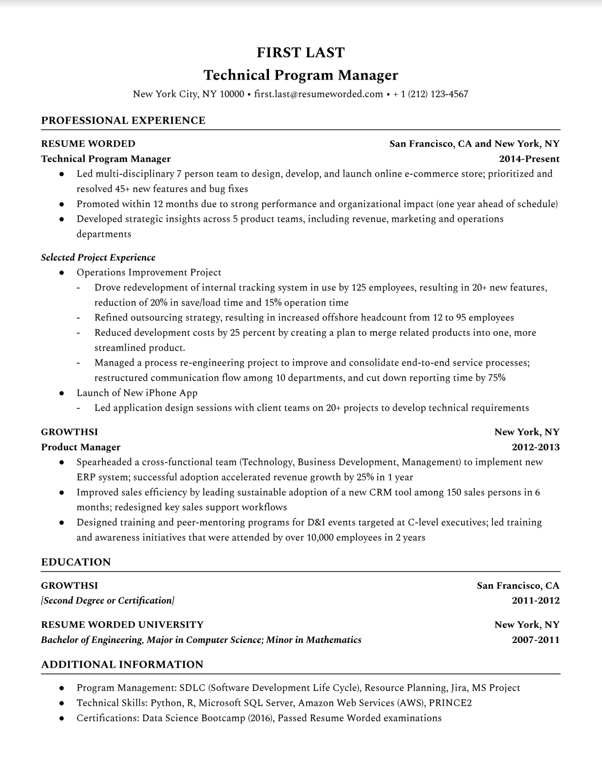 A technical program manager resume template with quantifiable achievements, simple bullet points and sub bullet points, technical skills and relevant certifications.