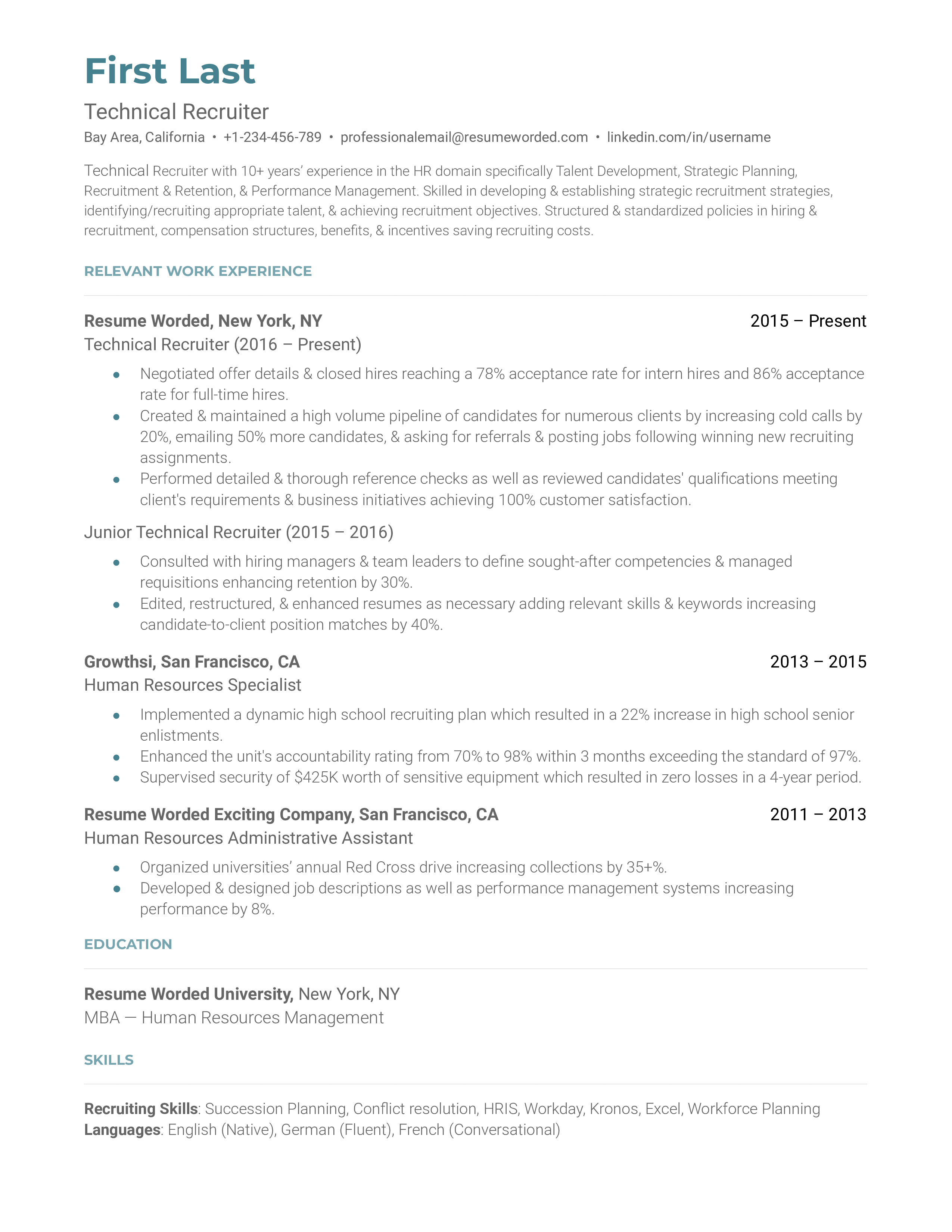 A technical recruiter resume sample that highlights the applicant's knowledge of the technology industry and wealth of previous experience.
