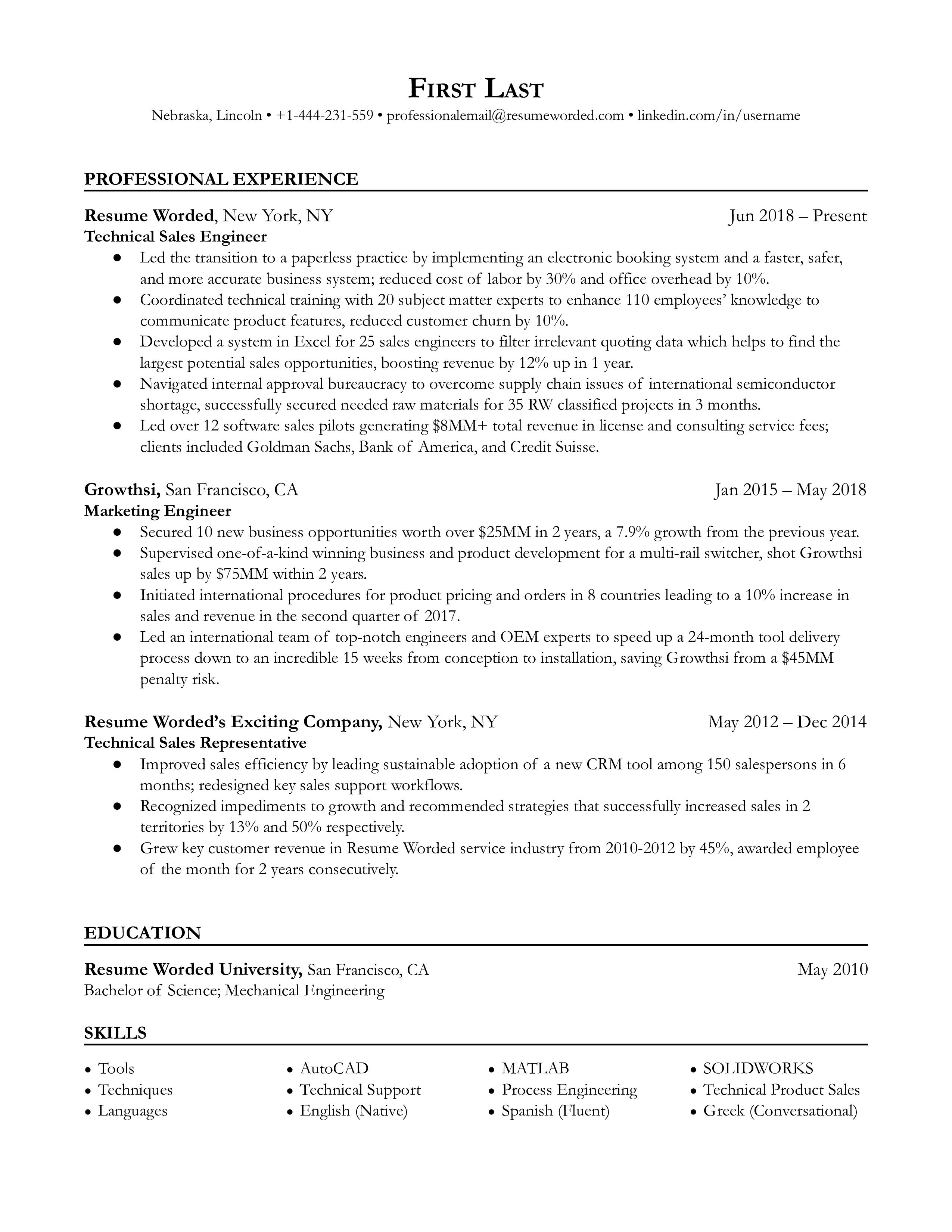 A resume for a technical sales engineer that highlights their experience in managing technical sales.