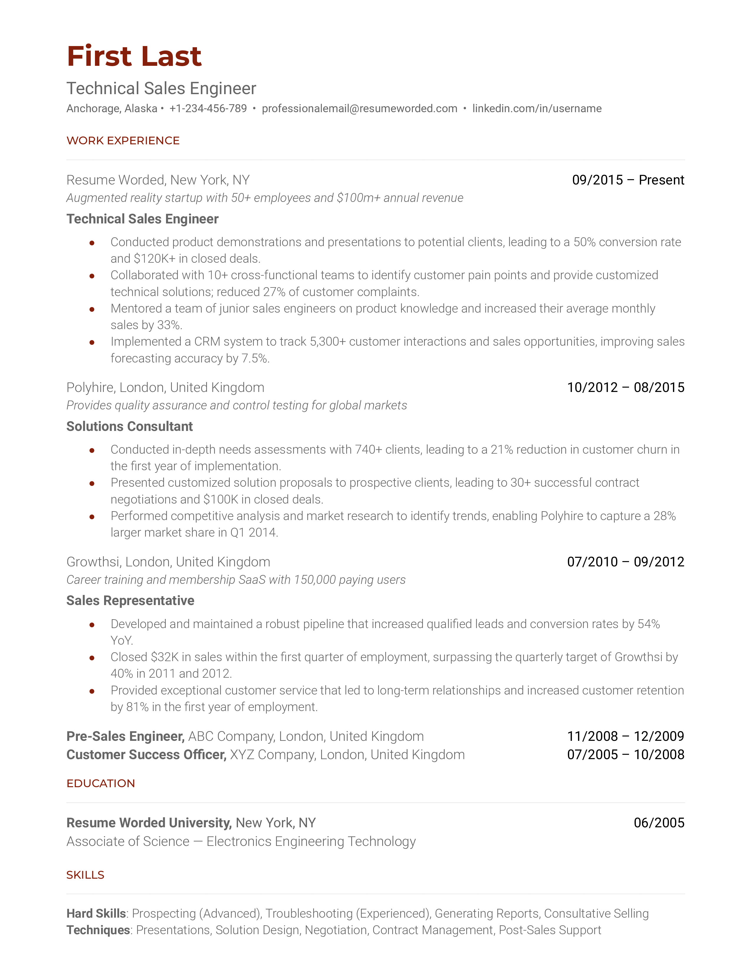 A CV for a Technical Sales Engineer showcasing technical skills and quantifiable sales achievements.