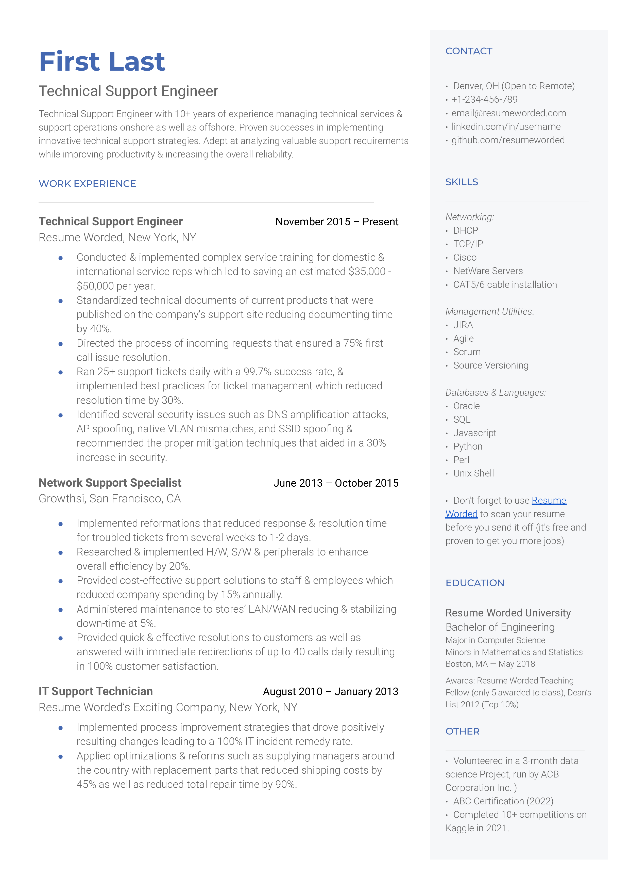Technical Support Engineer Resume Template + Example