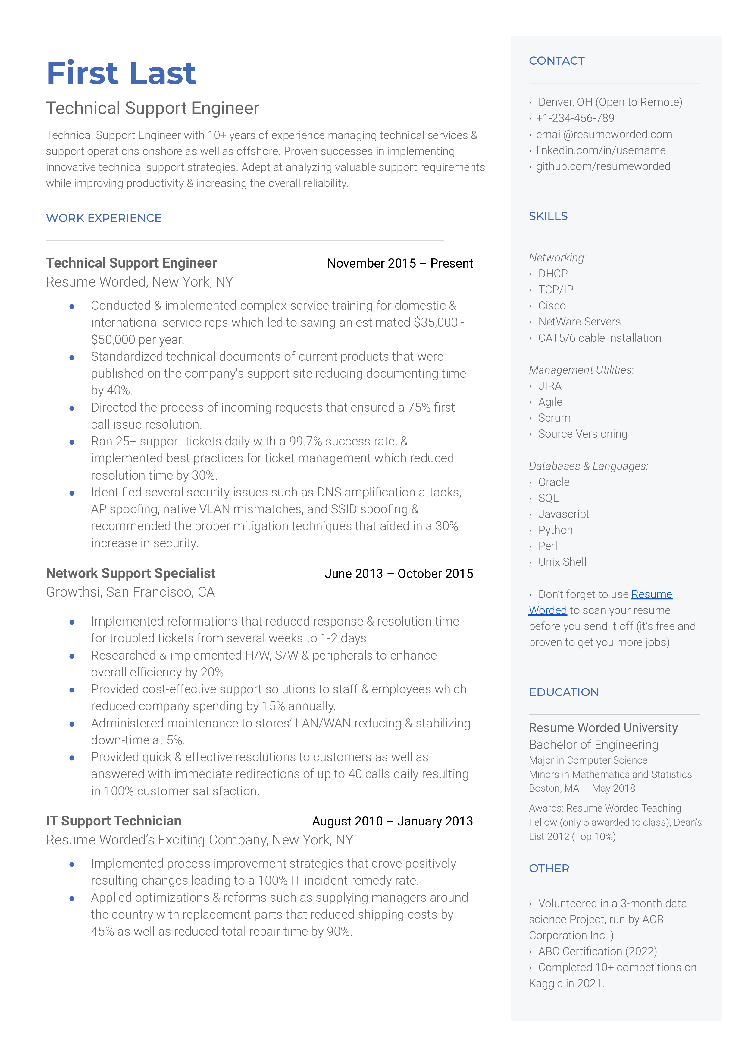 A concise CV showcasing technical skills and problem-solving approach for a Technical Support Engineer role.