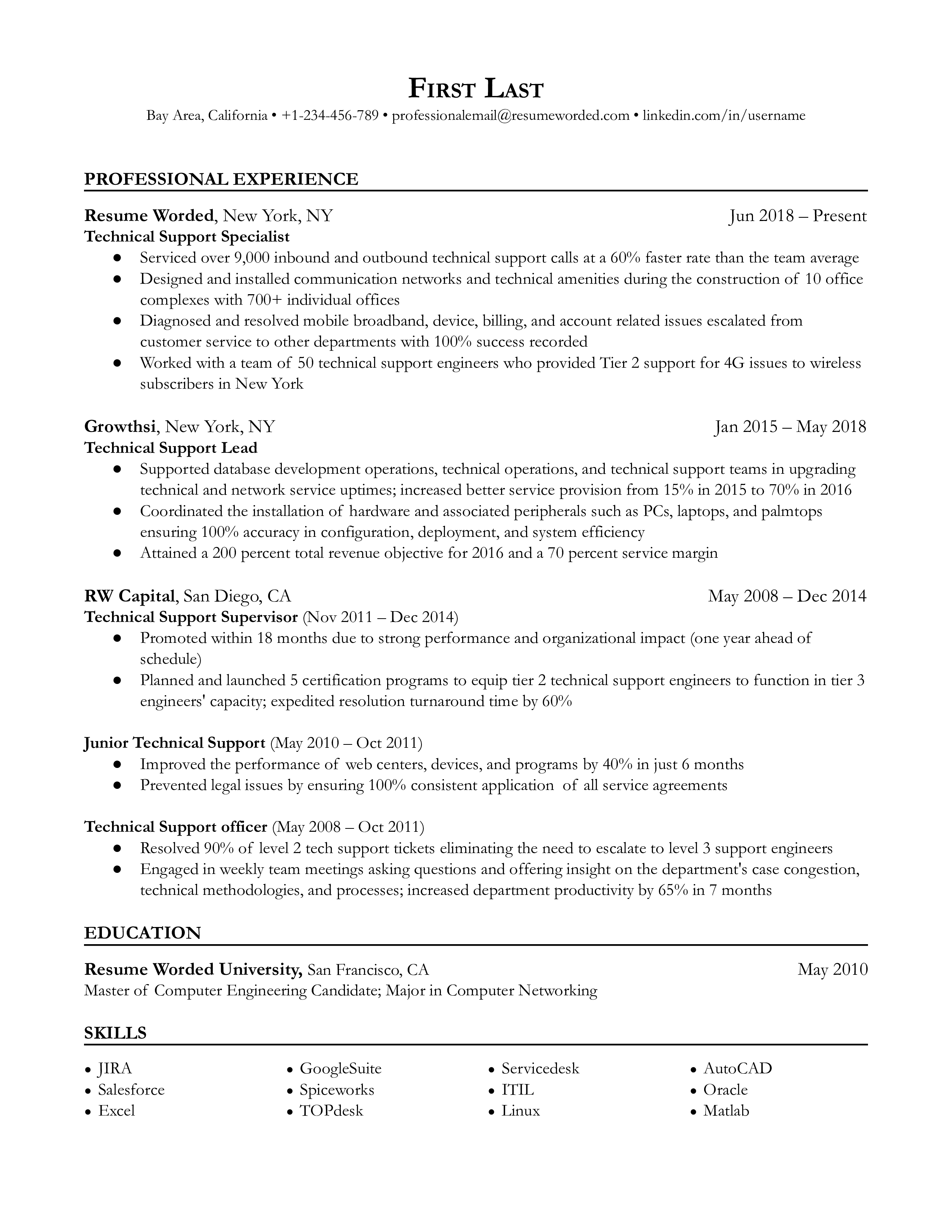 technical support specialist description resume