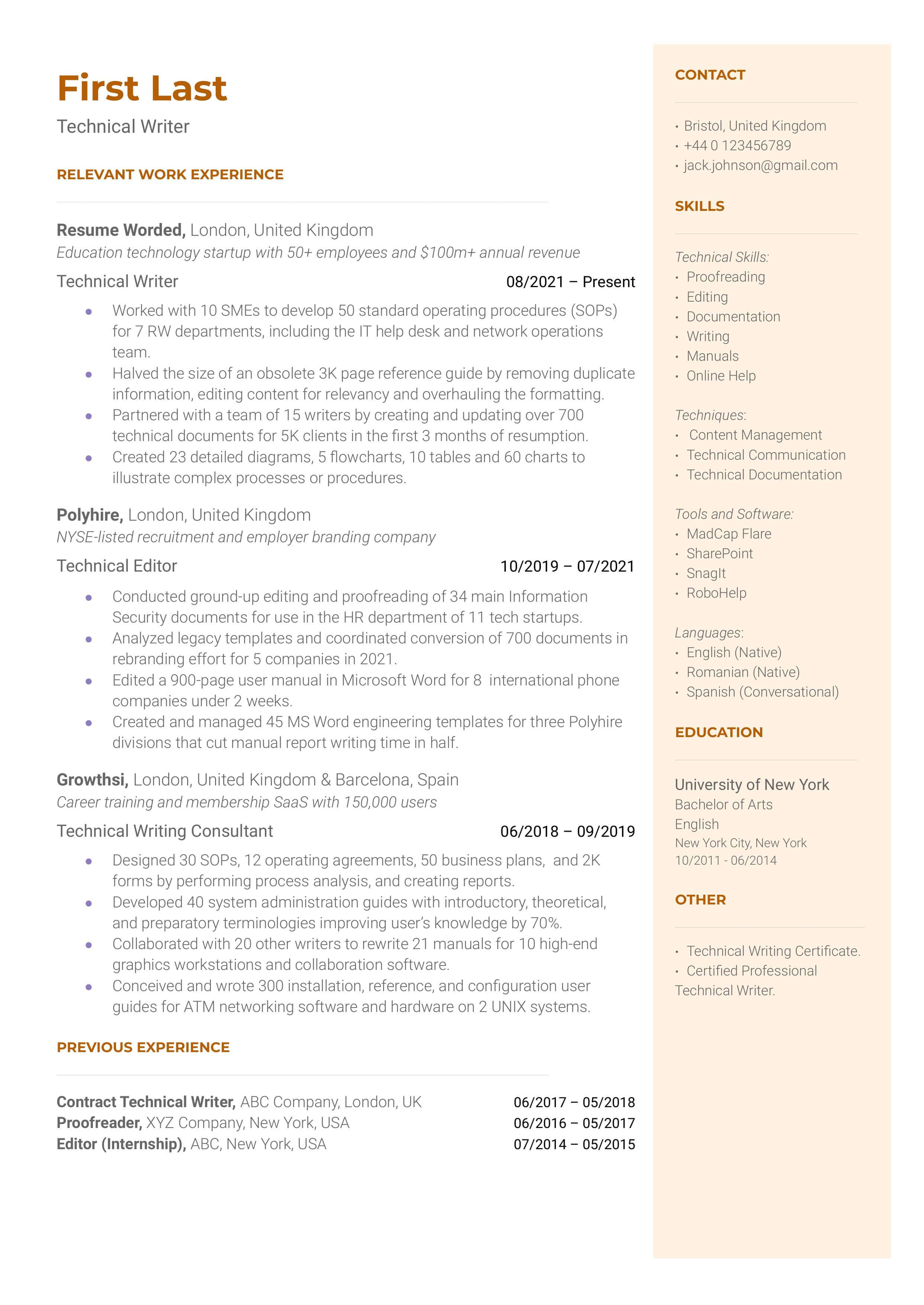 An organized CV showcasing proficiency in technical writing and understanding of technical domains.