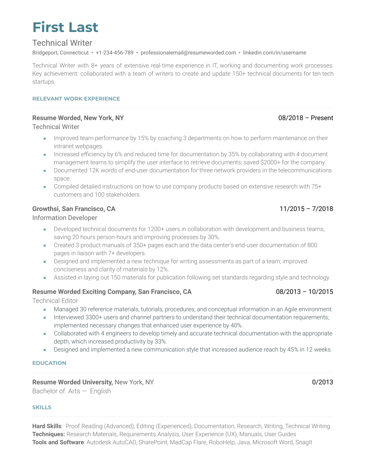 A technical writer resume sample that highlights the applicant’s experience and qualifications.