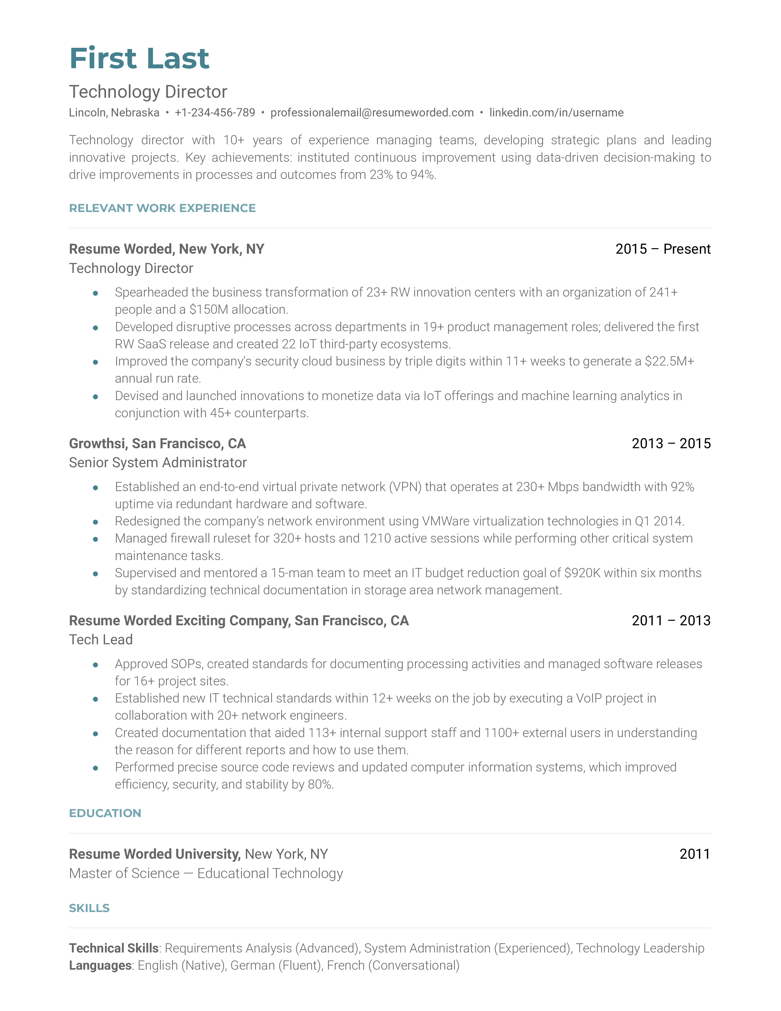 A technology director resume template that leverages strong metrics