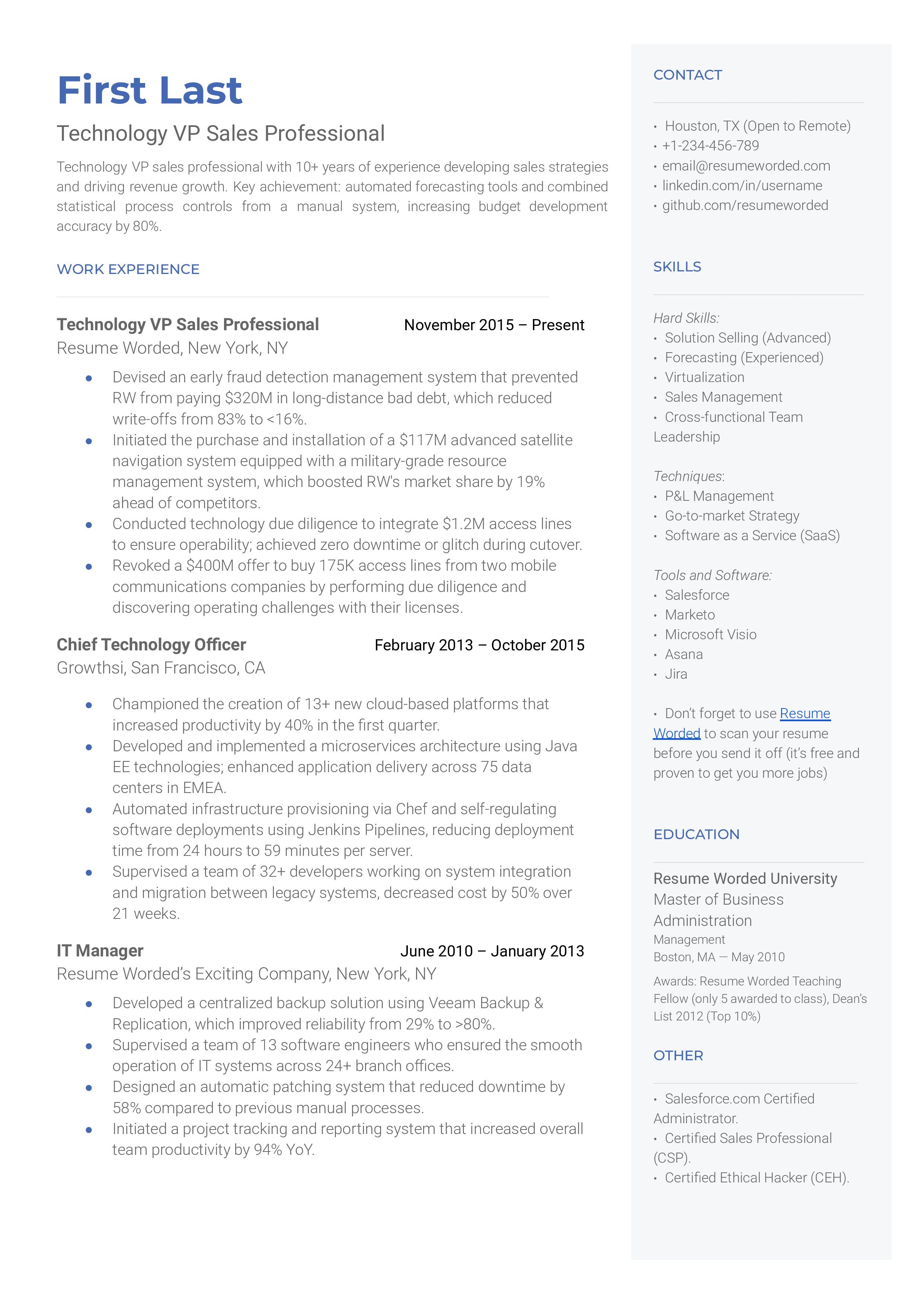 A technology VP of sales resume sample that highlights the applicant’s tech-related achievements and experience.