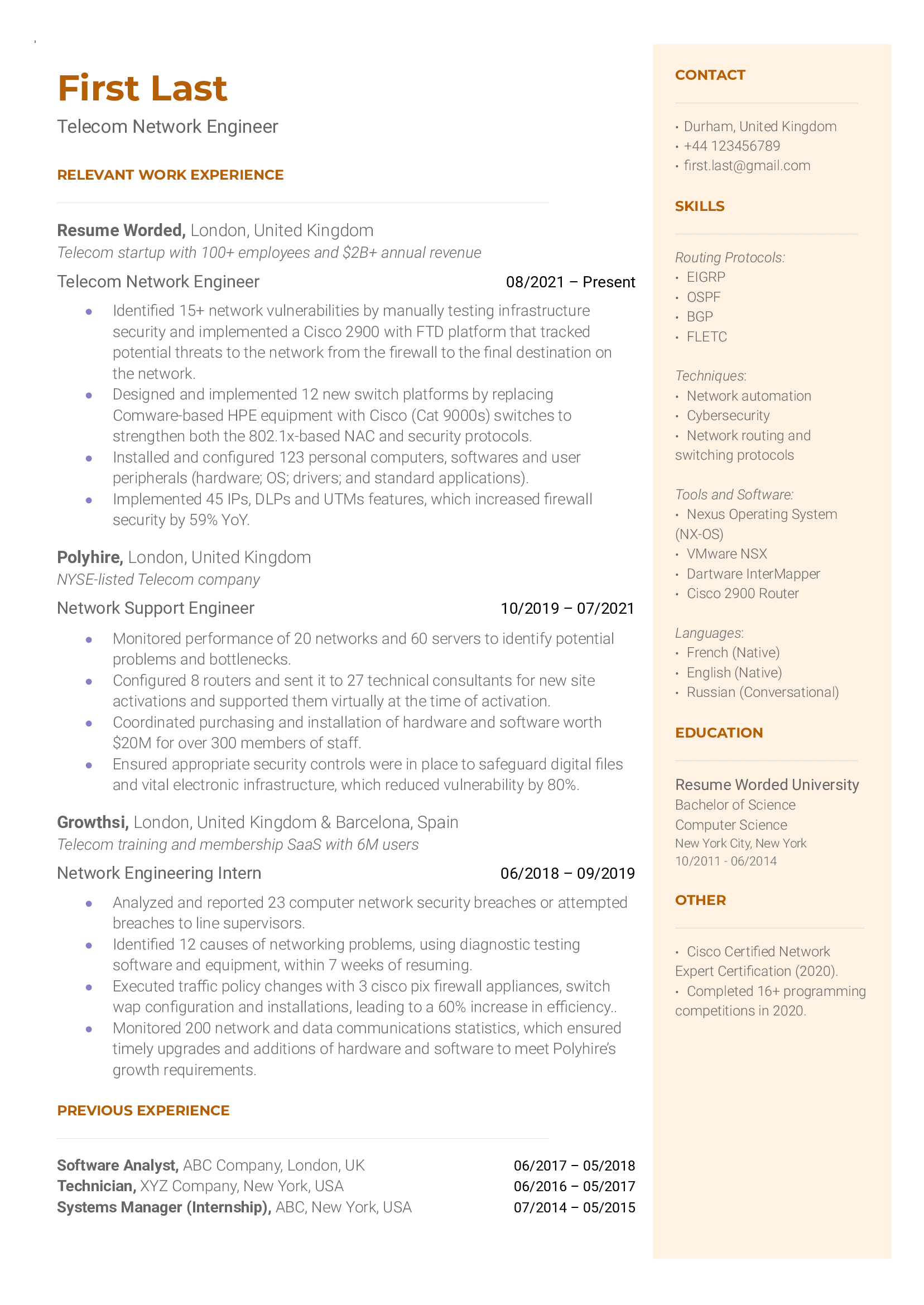 A resume for a telecom network engineer with past experience in network support and a bachelor's degree in computer science. 