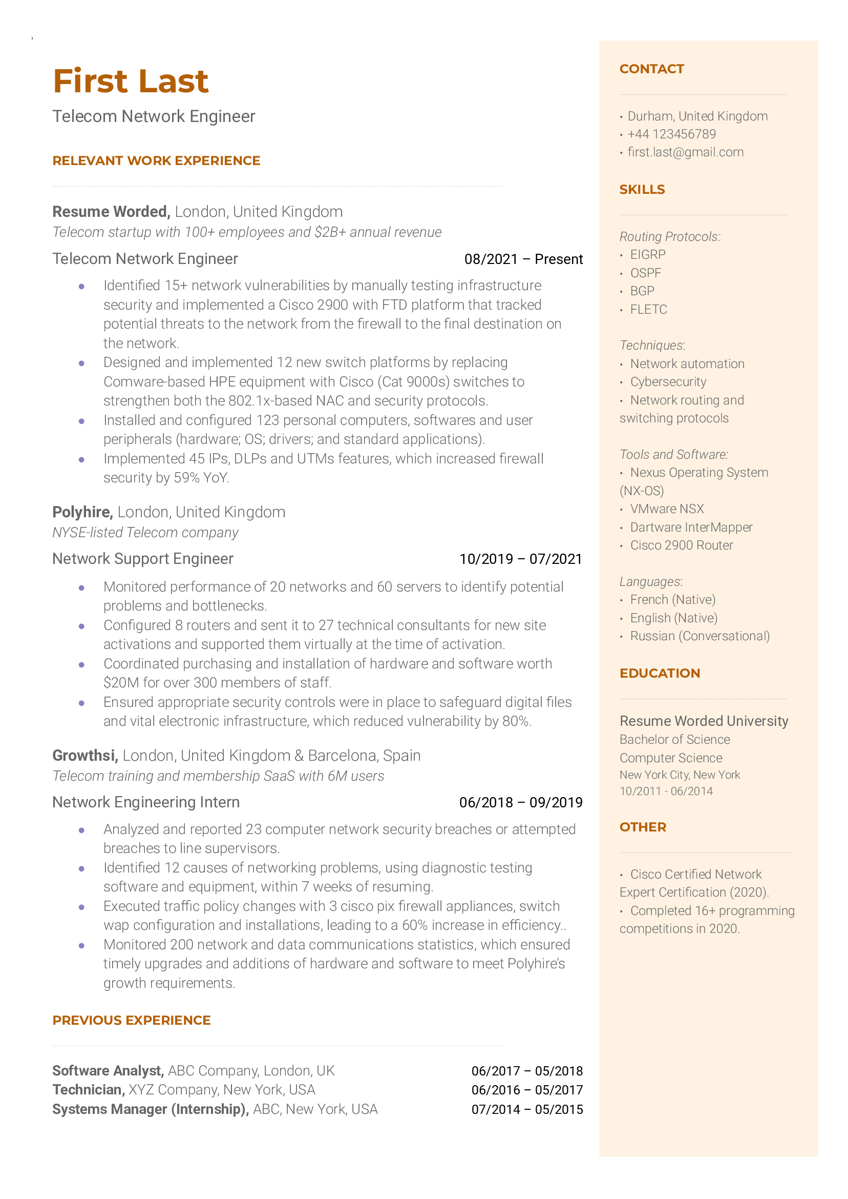 Network Engineer Resume Example for 2023 Resume Worded