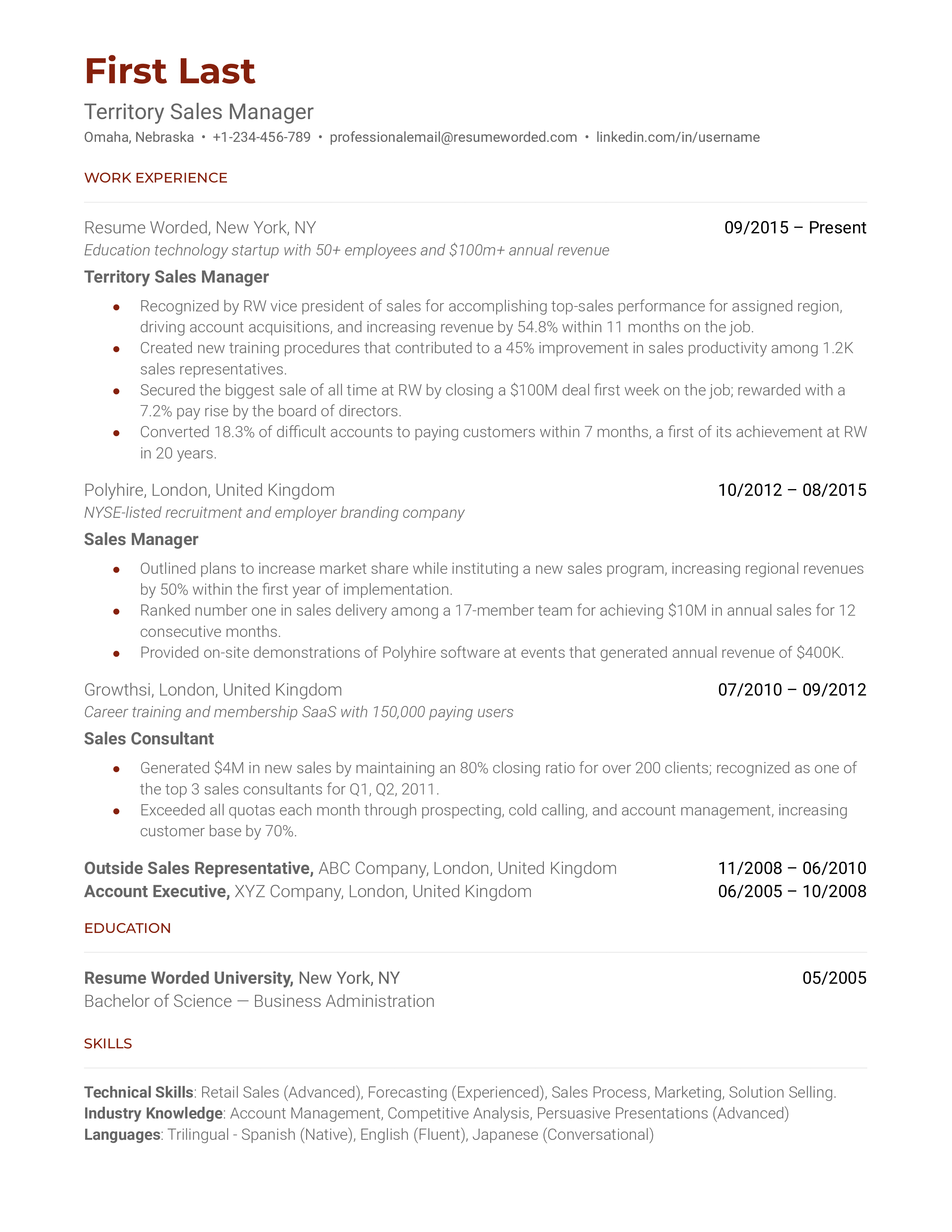 Territory Sales Manager Resume Sample