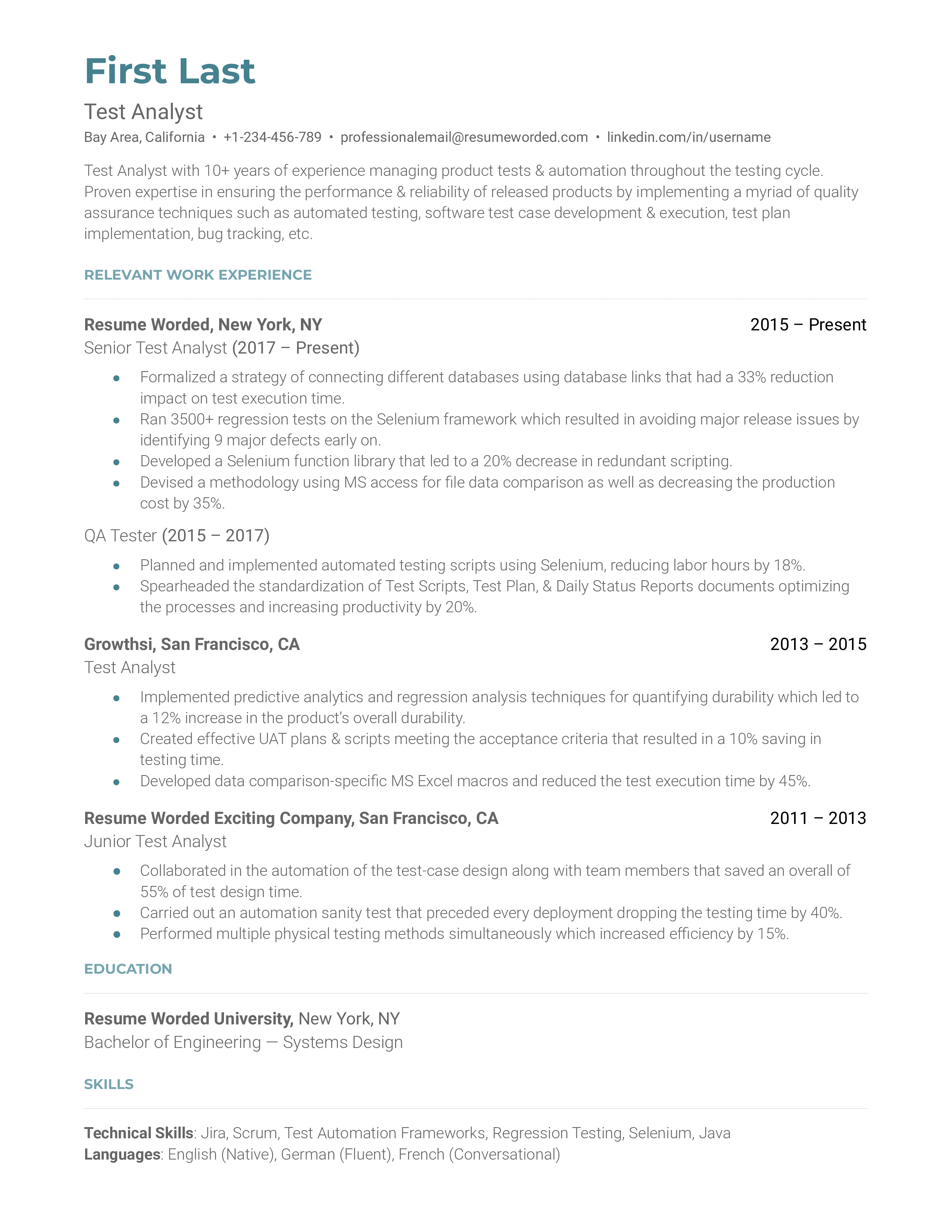 Test analust sample resume that highlights the applicant's value addition and management experience