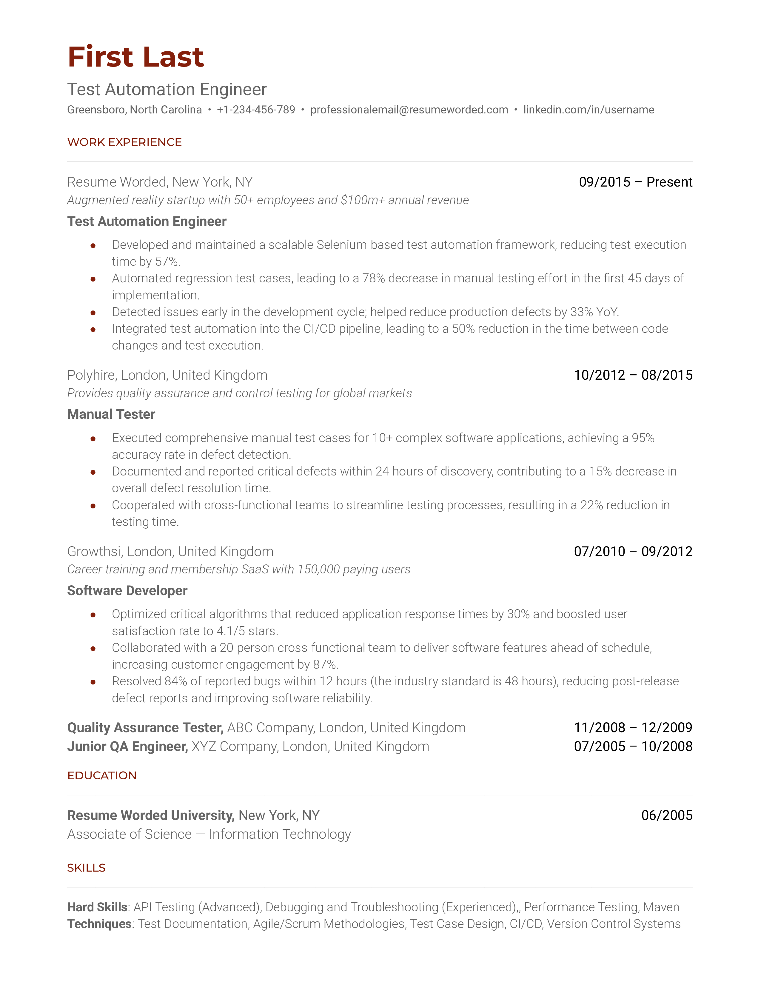 A comprehensive Test Automation Engineer resume showcasing technical and transferable skills.